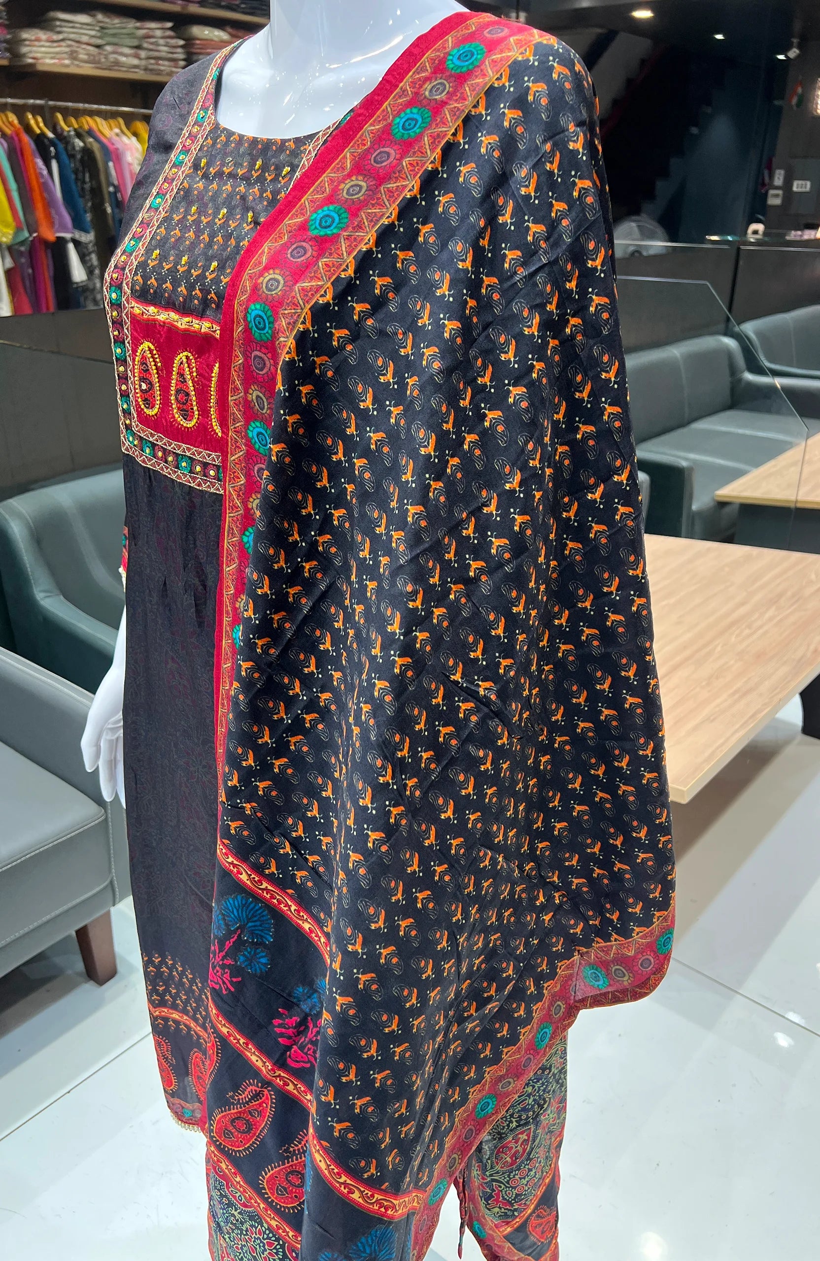 Black Maslinen Digital Print Kurta Set with Dupatta for Women | Hand Work 3 Piece Ethnic Suit