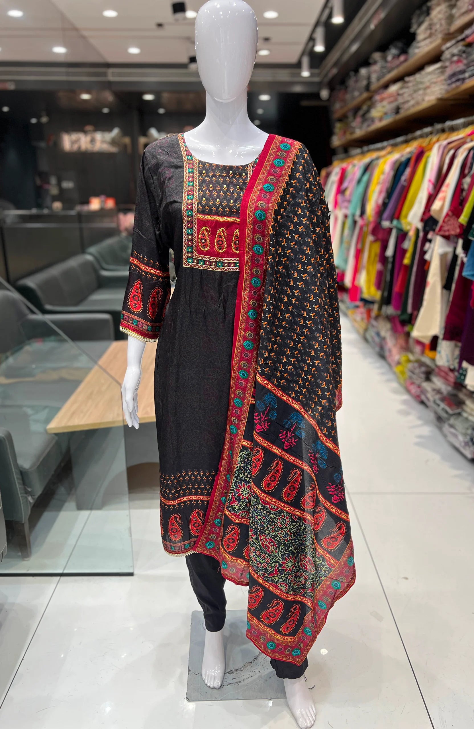 Black Maslinen Digital Print Kurta Set with Dupatta for Women | Hand Work 3 Piece Ethnic Suit