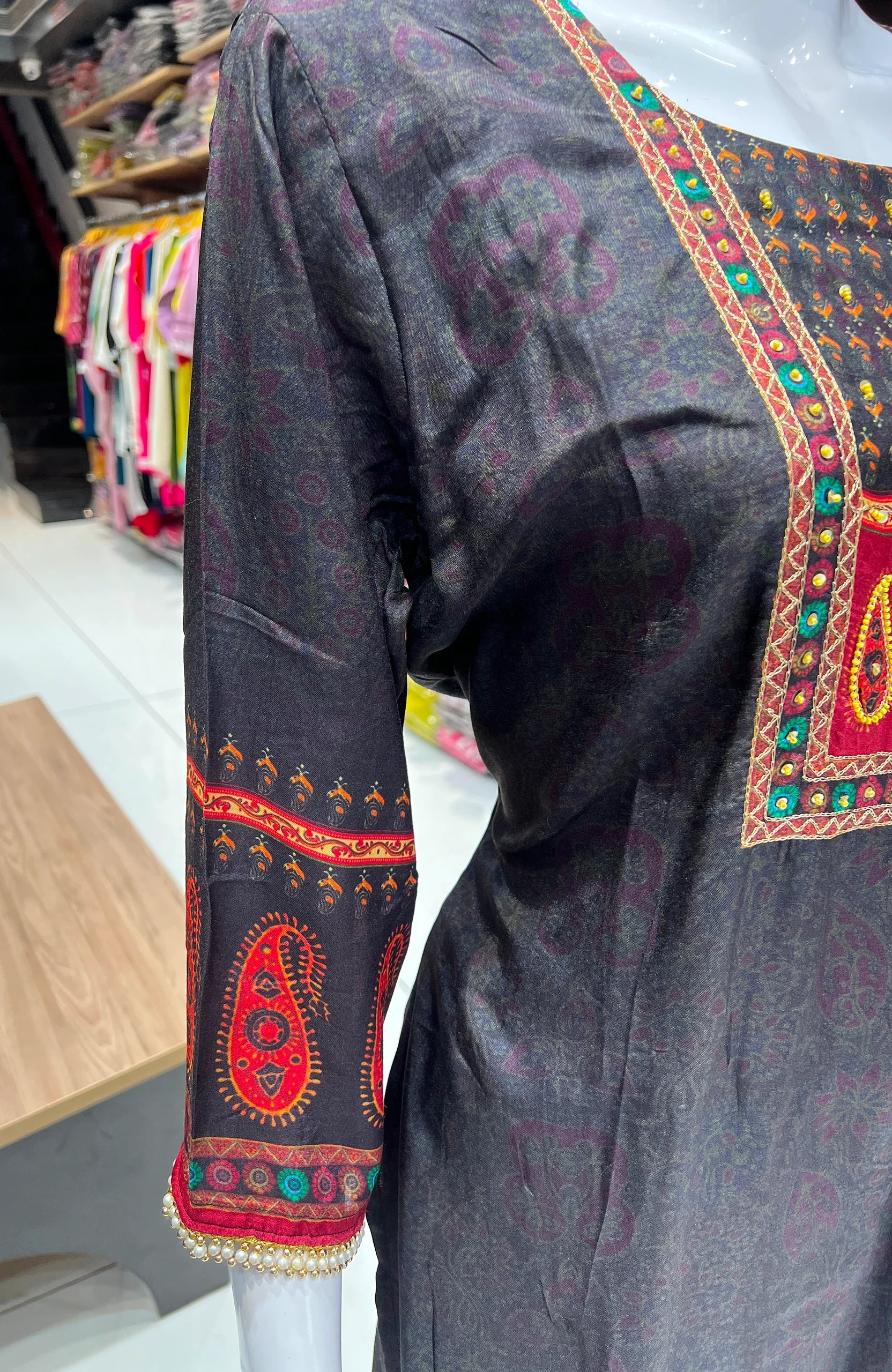 Black Maslinen Digital Print Kurta Set with Dupatta for Women | Hand Work 3 Piece Ethnic Suit