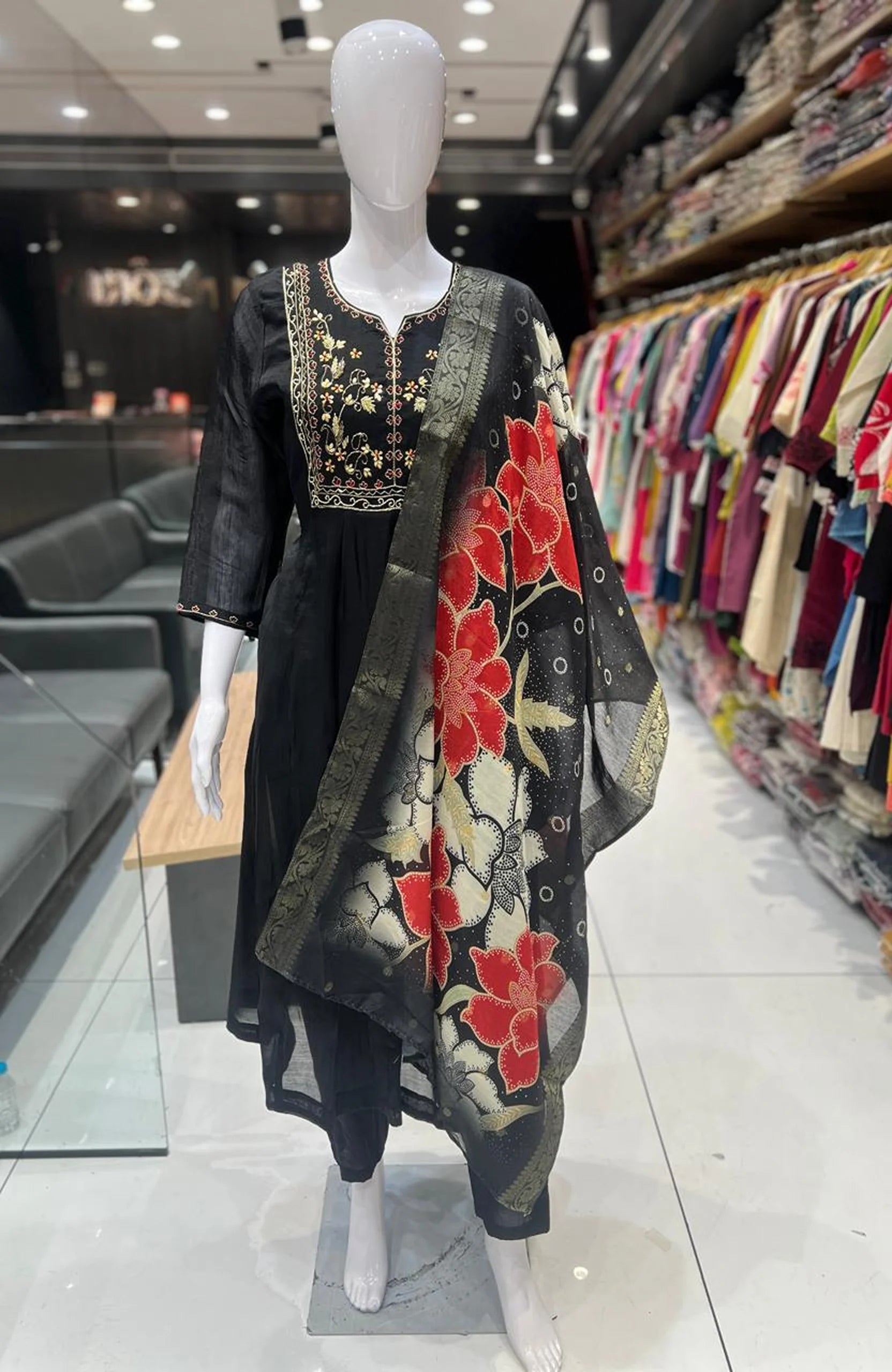 Black Mal Chanderi Anarkali Suit Set with Dupatta for Women | Hand Work 3 Piece Festive Wear