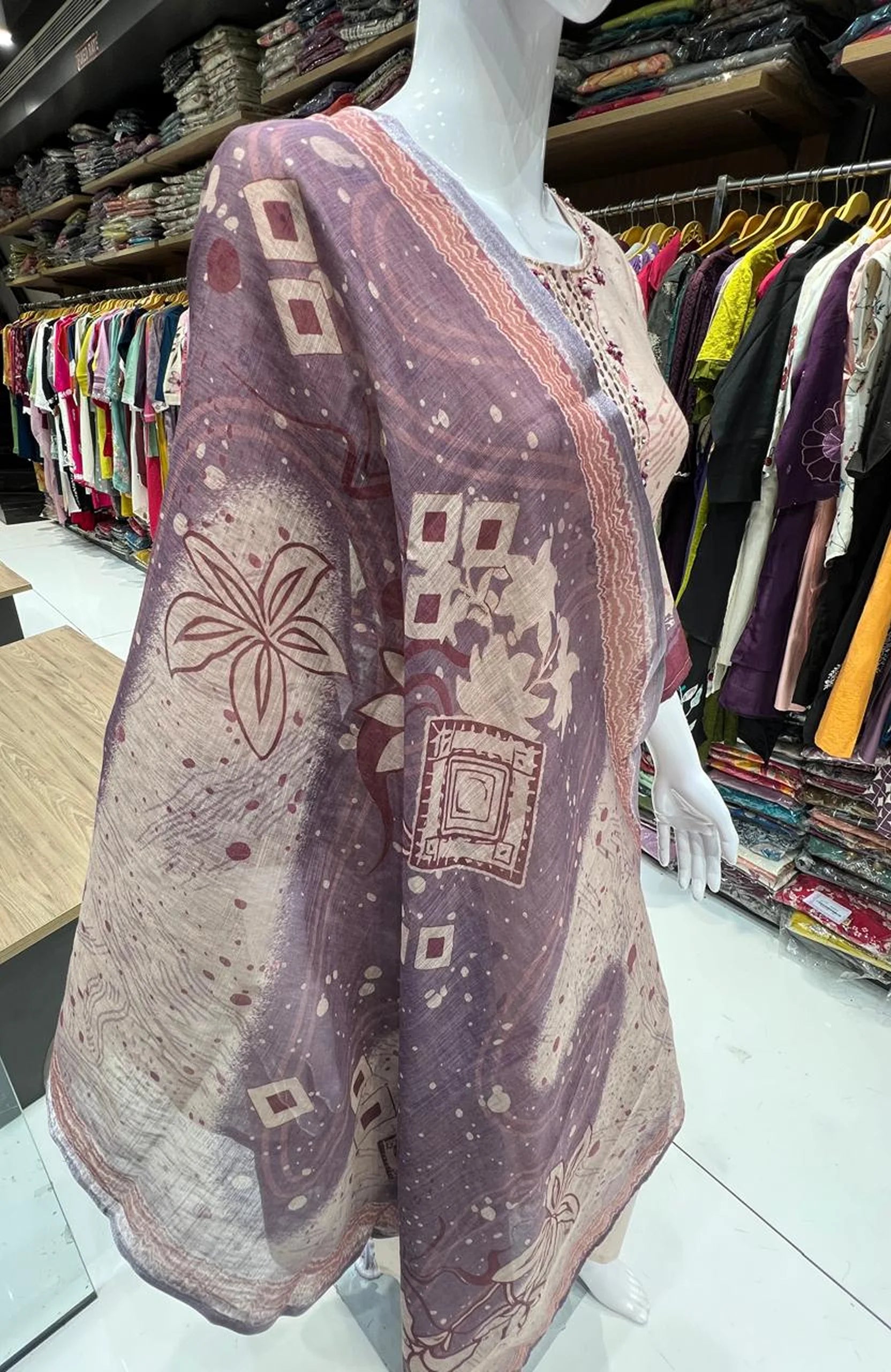 Light Chiku Vertican Silk Hand Work Kurta Set with Dupatta for Women | Digital Print 3 Piece Ethnic Suit