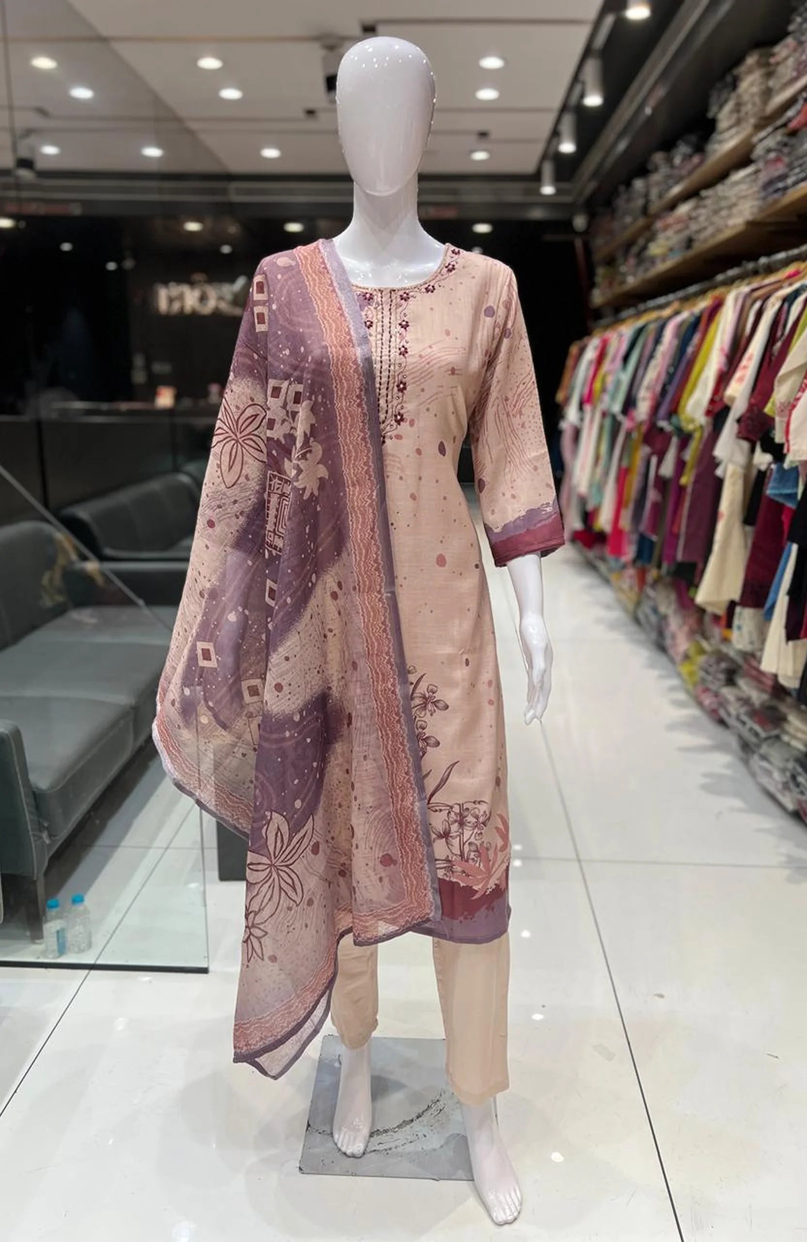 Light Chiku Vertican Silk Hand Work Kurta Set with Dupatta for Women | Digital Print 3 Piece Ethnic Suit