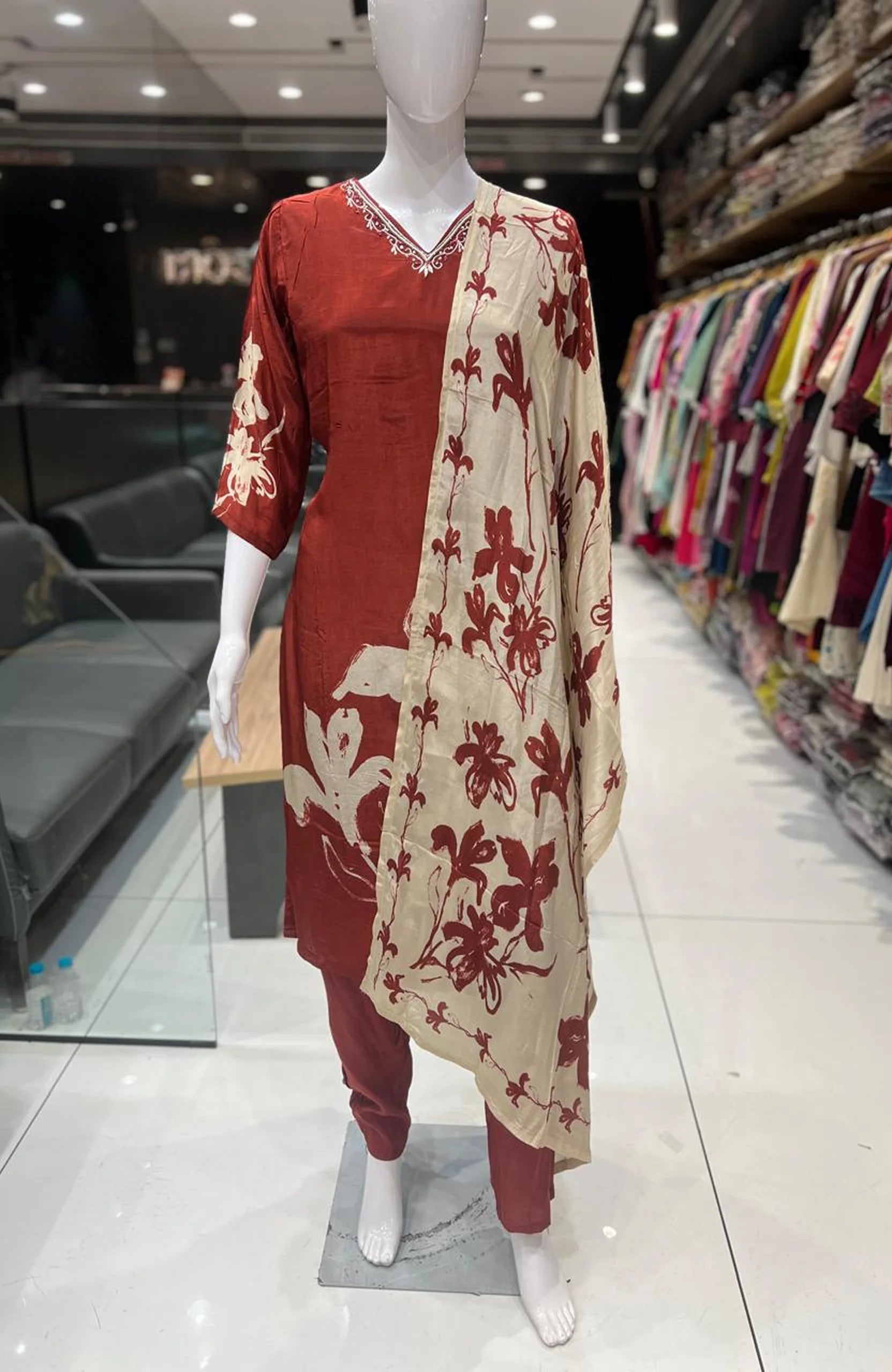Rust Natural Crepe Digital Print Kurta Set with Dupatta for Women | Hand Work 3 Piece Ethnic Suit
