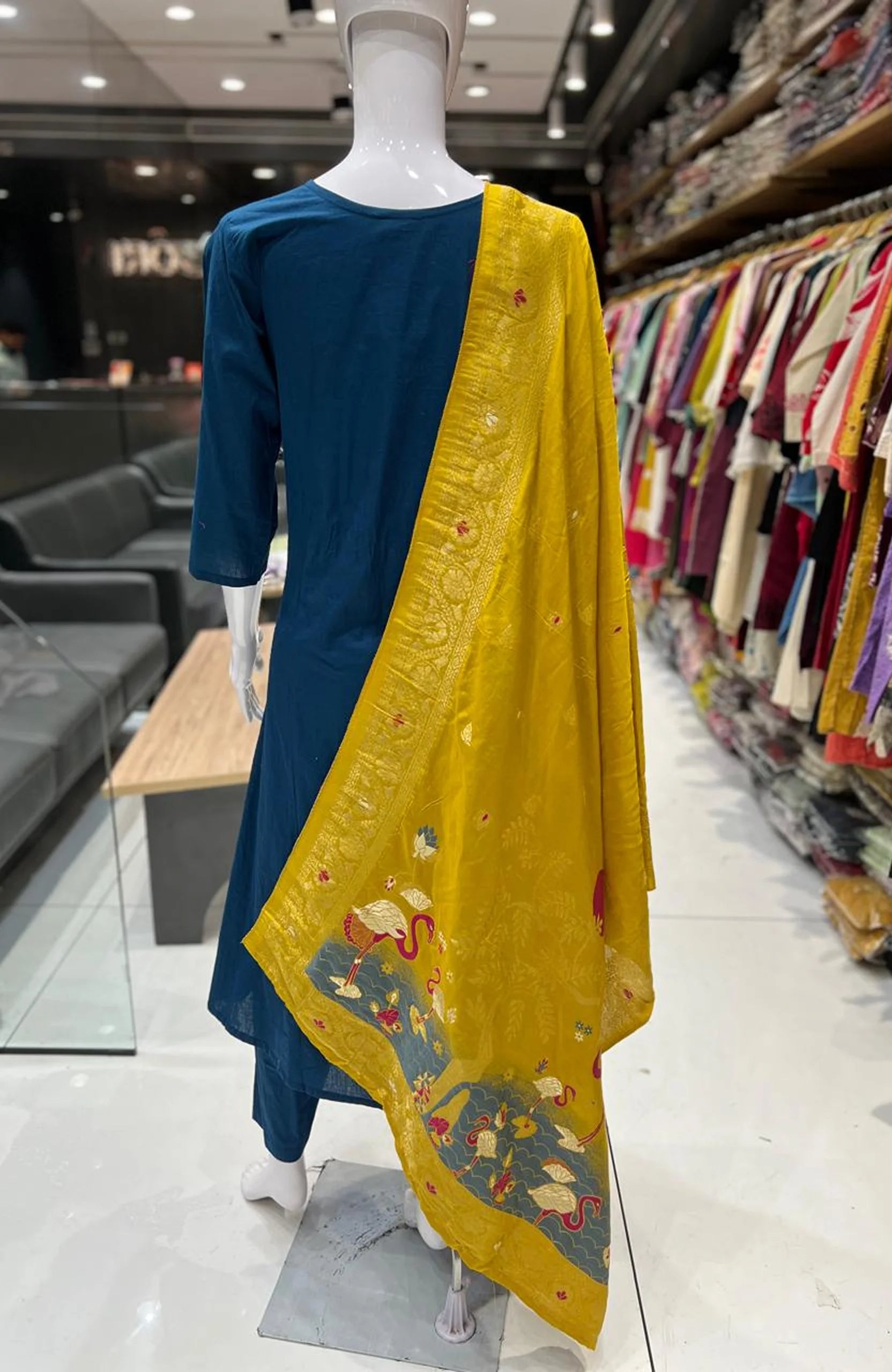 Turkish Blue Cambric Cotton Embroidered Kurta Set with Dupatta for Women | Jacquard Digital Print 3 Piece Suit