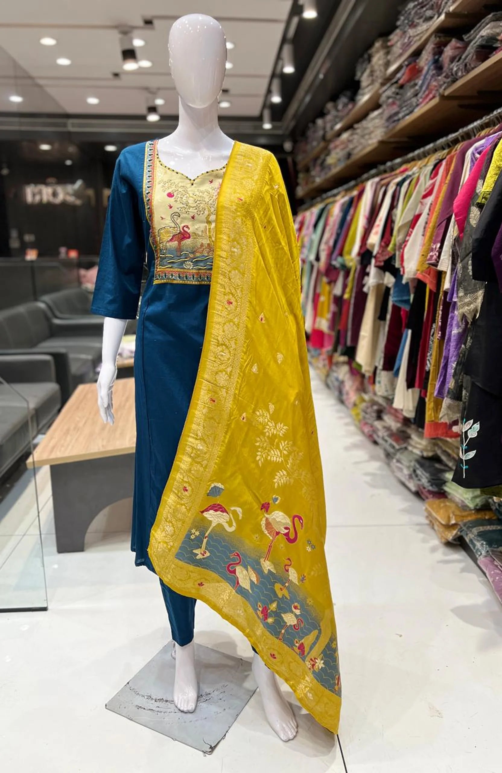 Turkish Blue Cambric Cotton Embroidered Kurta Set with Dupatta for Women | Jacquard Digital Print 3 Piece Suit