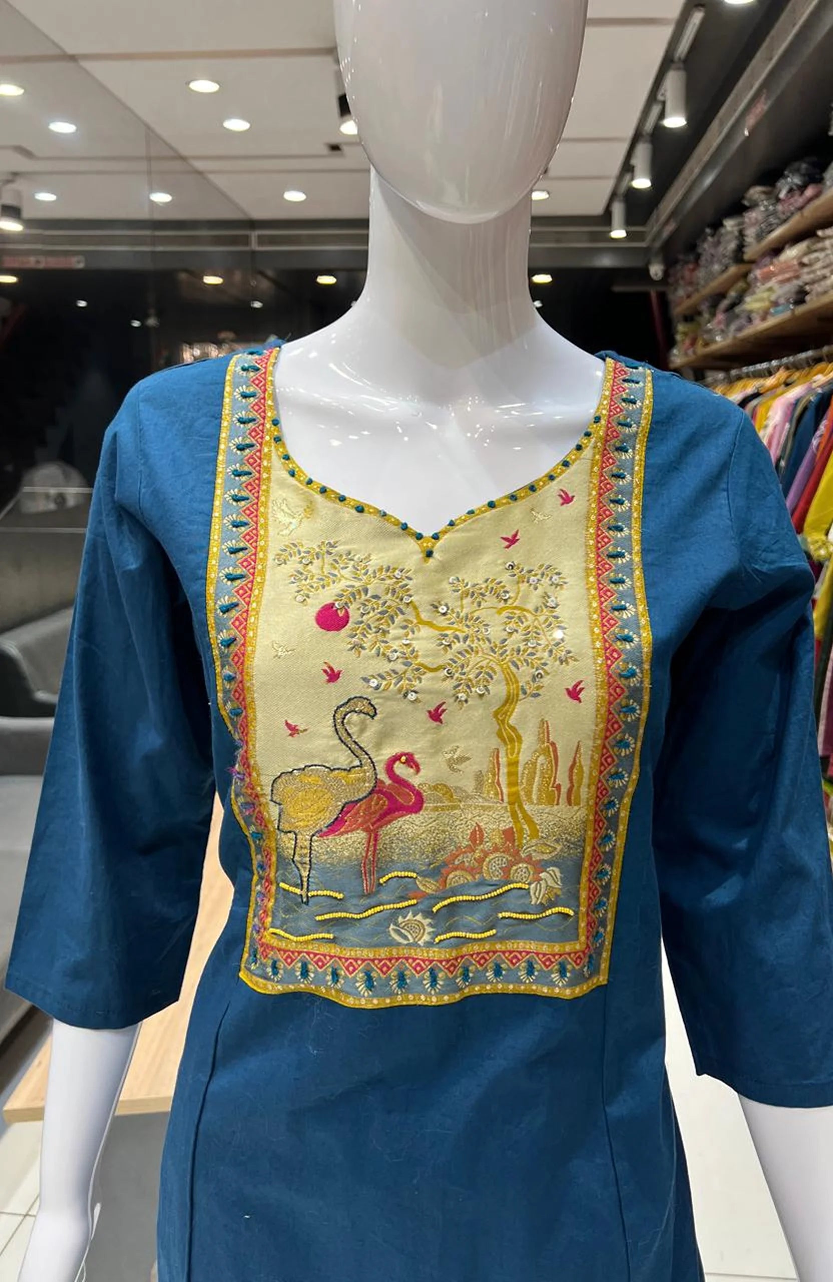 Turkish Blue Cambric Cotton Embroidered Kurta Set with Dupatta for Women | Jacquard Digital Print 3 Piece Suit