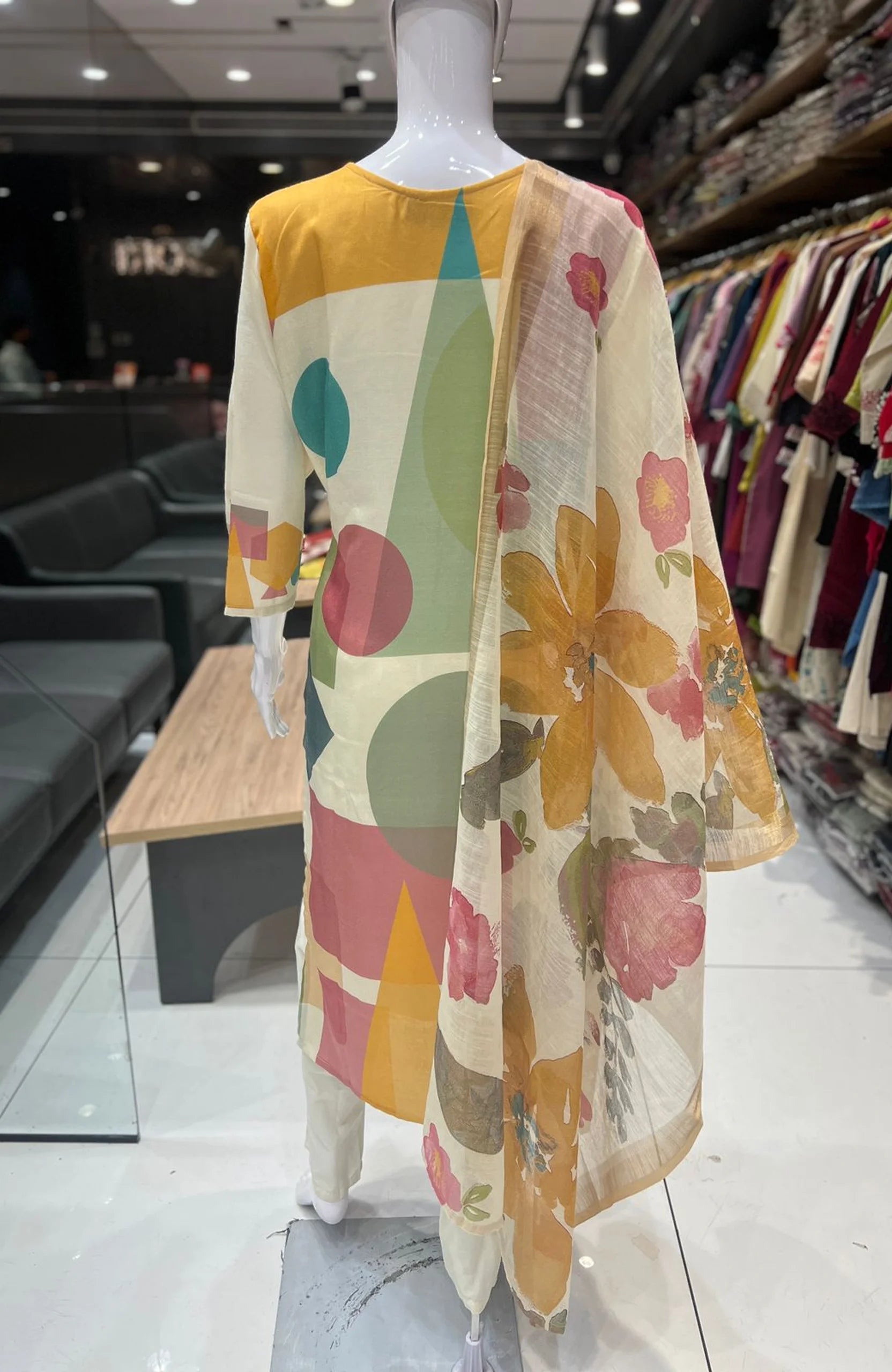 Cream Vertican Silk Digital Print Kurta Set with Dupatta for Women | Hand Work 3 Piece Ethnic Suit