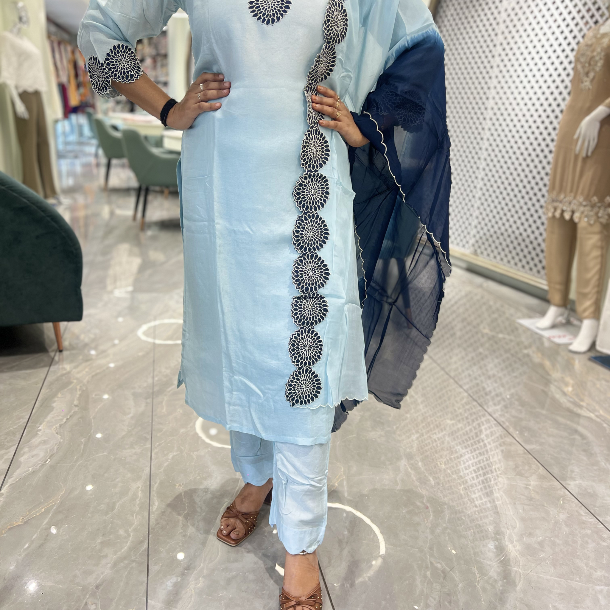 Icy Blue Thread Work Chinon Three Piece - MGORI85 1257 15