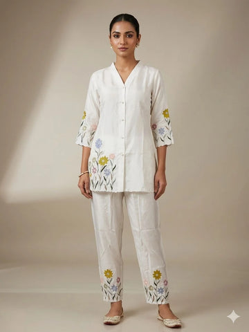 Cream Pure Silk Handwork Embroidery Two Piece Co-ord Set for Women | Designer Ethnic Wear