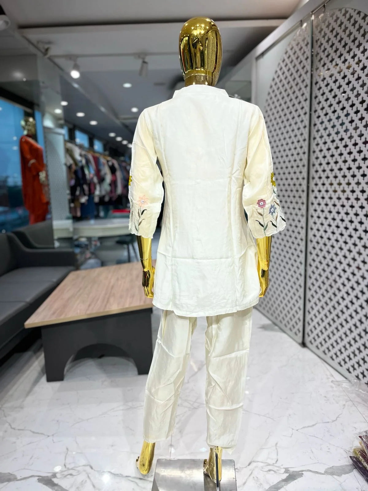 Cream Pure Silk Handwork Embroidery Two Piece Co-ord Set for Women | Designer Ethnic Wear