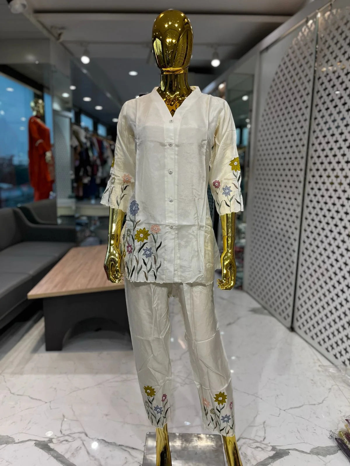 Cream Pure Silk Handwork Embroidery Two Piece Co-ord Set for Women | Designer Ethnic Wear