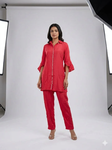Red Pure Silk Coin Work 2 Piece Cord Set for Women | Designer Co-Ord Set