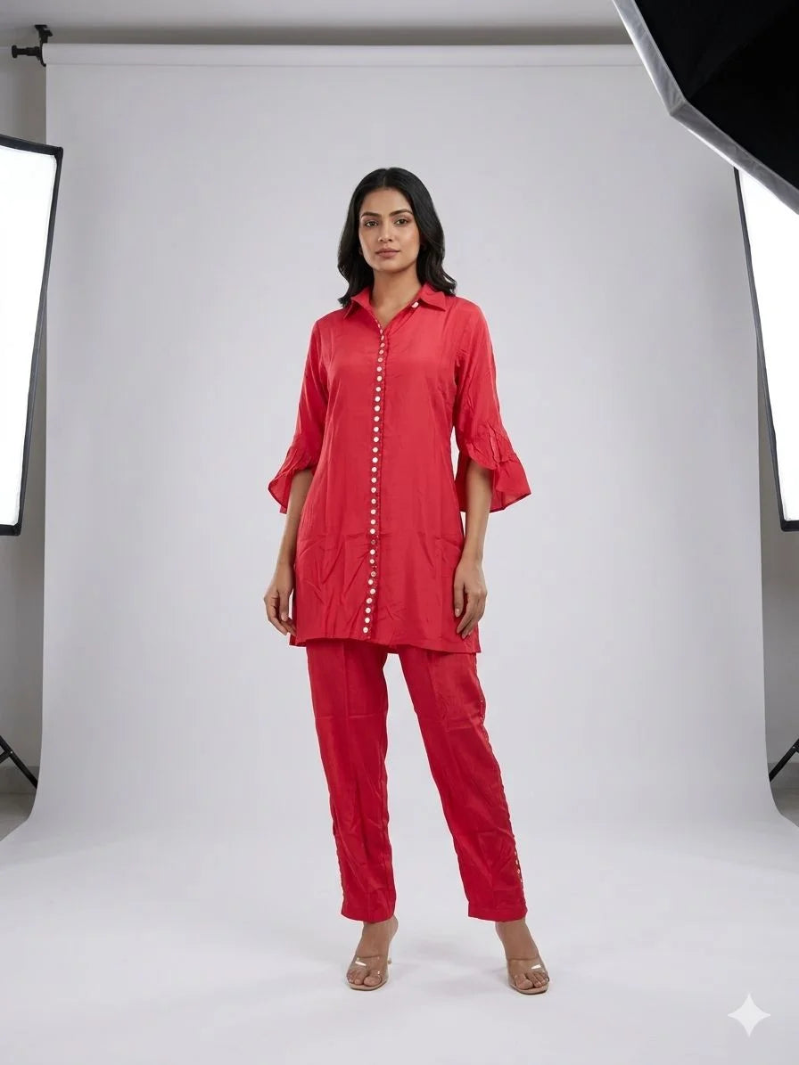 Red Pure Silk Coin Work 2 Piece Cord Set for Women | Designer Co-Ord Set