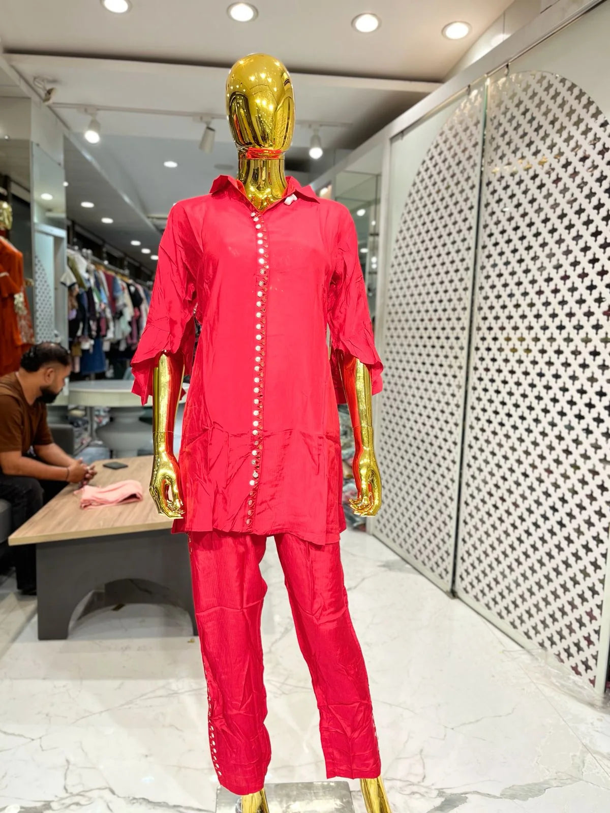 Red Pure Silk Coin Work 2 Piece Cord Set for Women | Designer Co-Ord Set