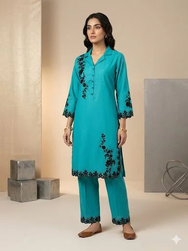 C Green Slub Cotton Embroidered Mirror Work Two Piece Co-ord Set for Women | Designer Ethnic Wear