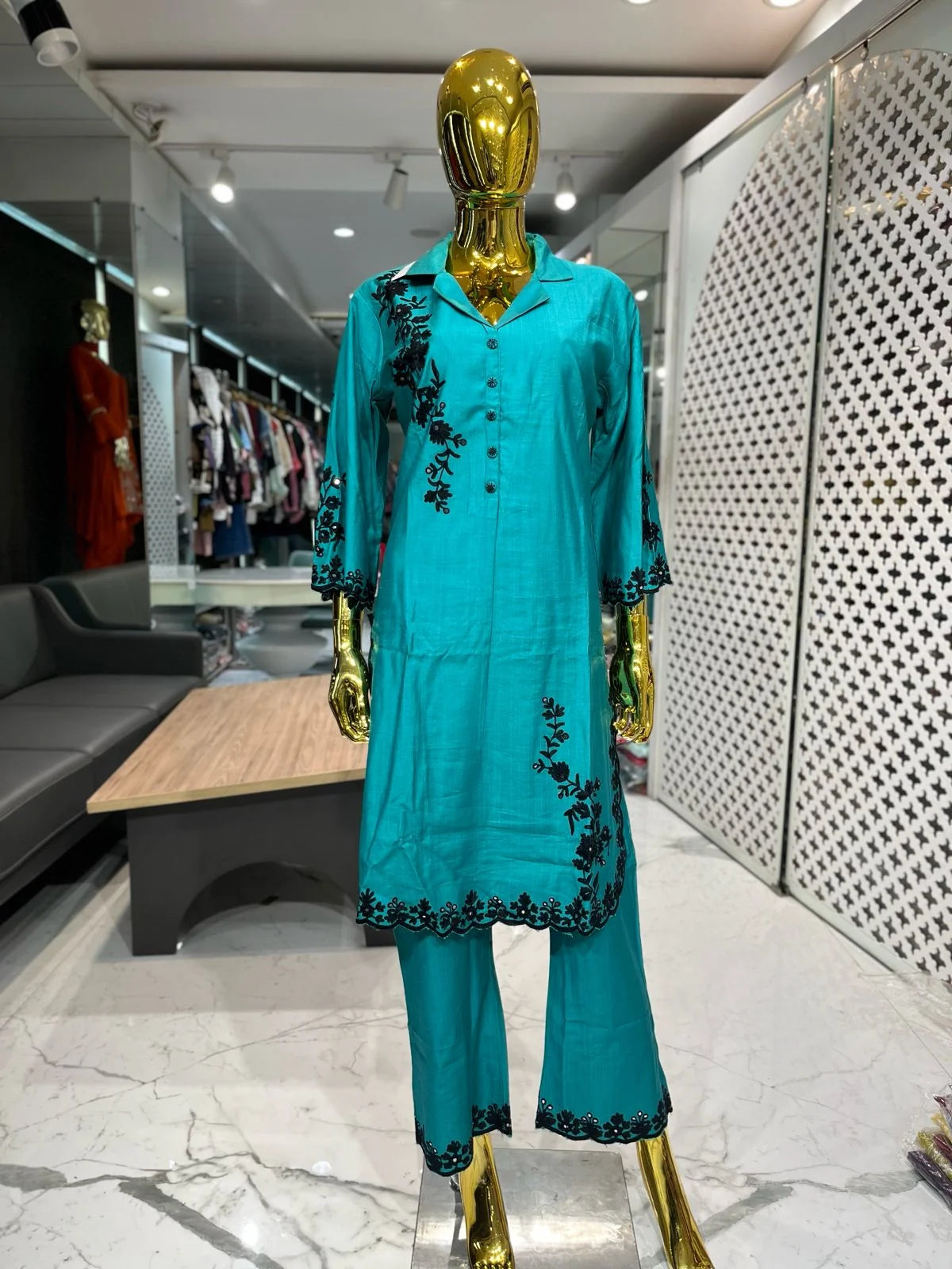 C Green Slub Cotton Embroidered Mirror Work Two Piece Co-ord Set for Women | Designer Ethnic Wear