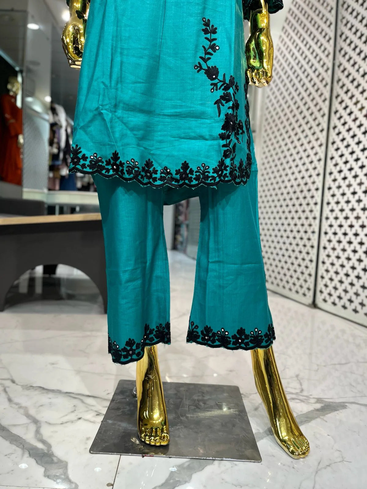 C Green Slub Cotton Embroidered Mirror Work Two Piece Co-ord Set for Women | Designer Ethnic Wear