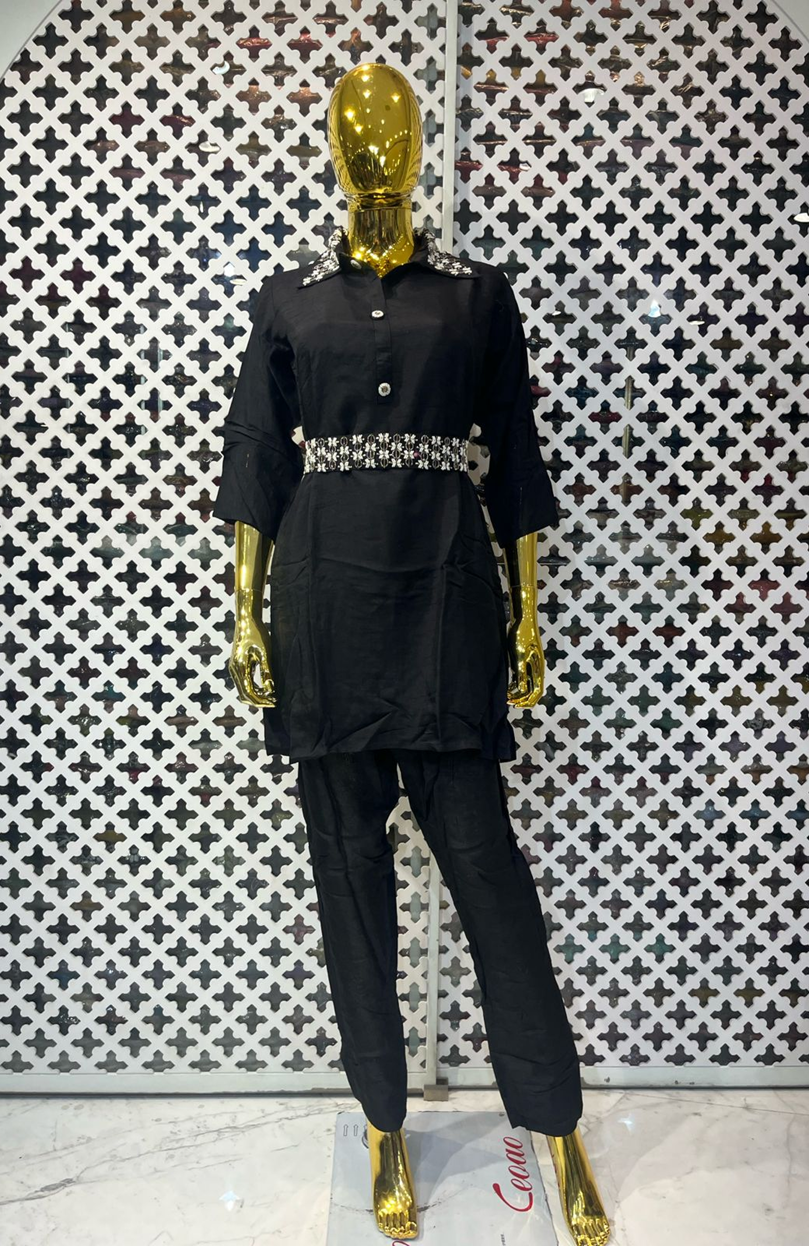 Black Pure Silk Hand Work Co-Ord Set for Women | Designer Belt Style Cord Set