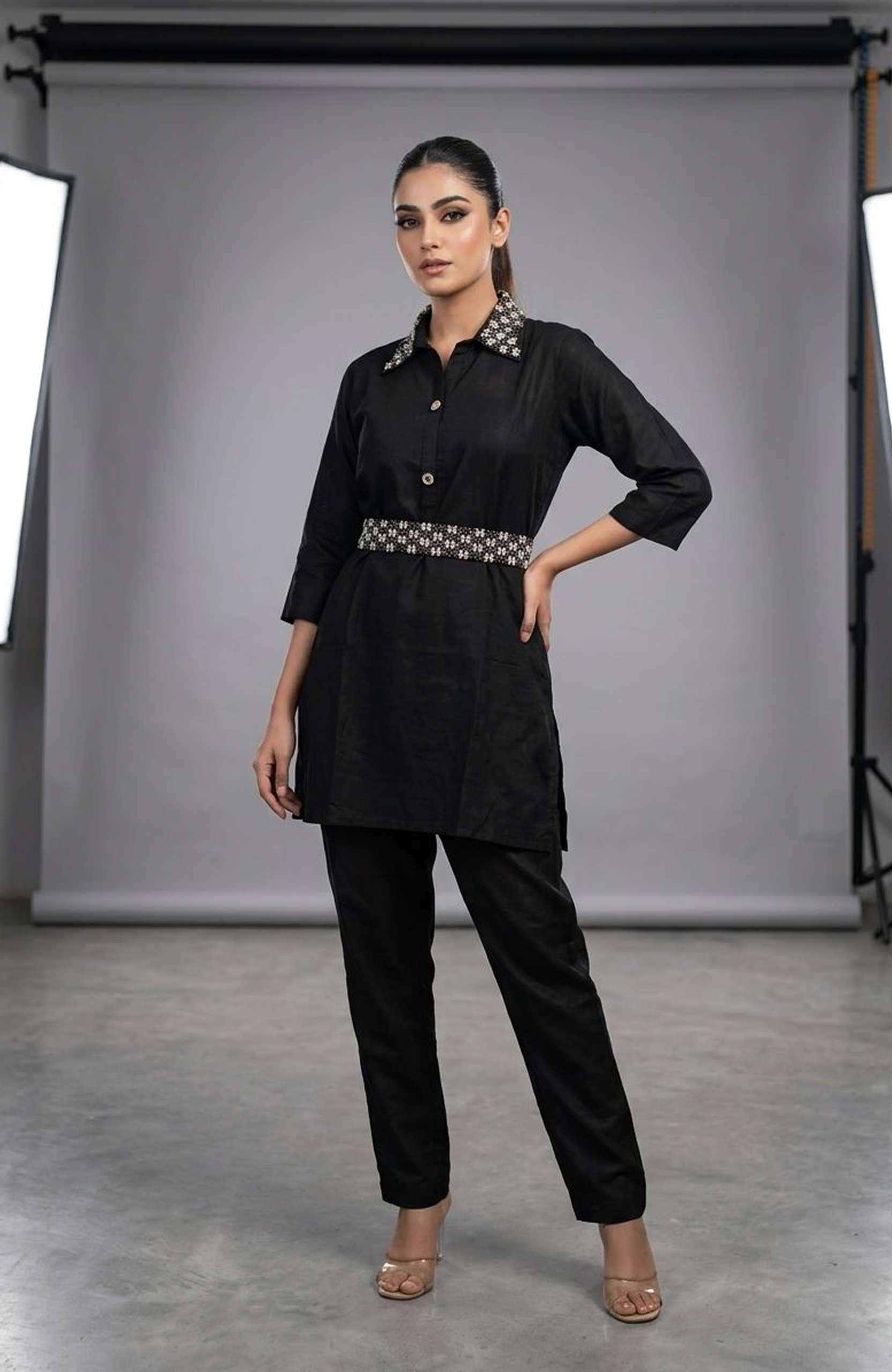 Black Pure Silk Hand Work Co-Ord Set for Women | Designer Belt Style Cord Set