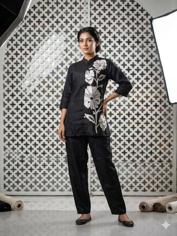 Black Vertical Fabric Embroidery Work 2 Piece Cord Set for Women | Designer Ethnic Wear