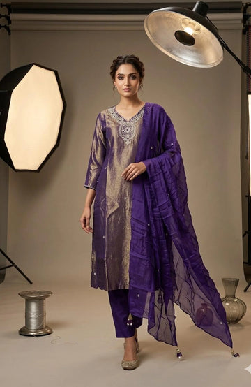 Purple Shimmer Silk Jardozi Handwork 3 Piece Kurti Pant Dupatta Set for Women | Designer Ethnic Wear