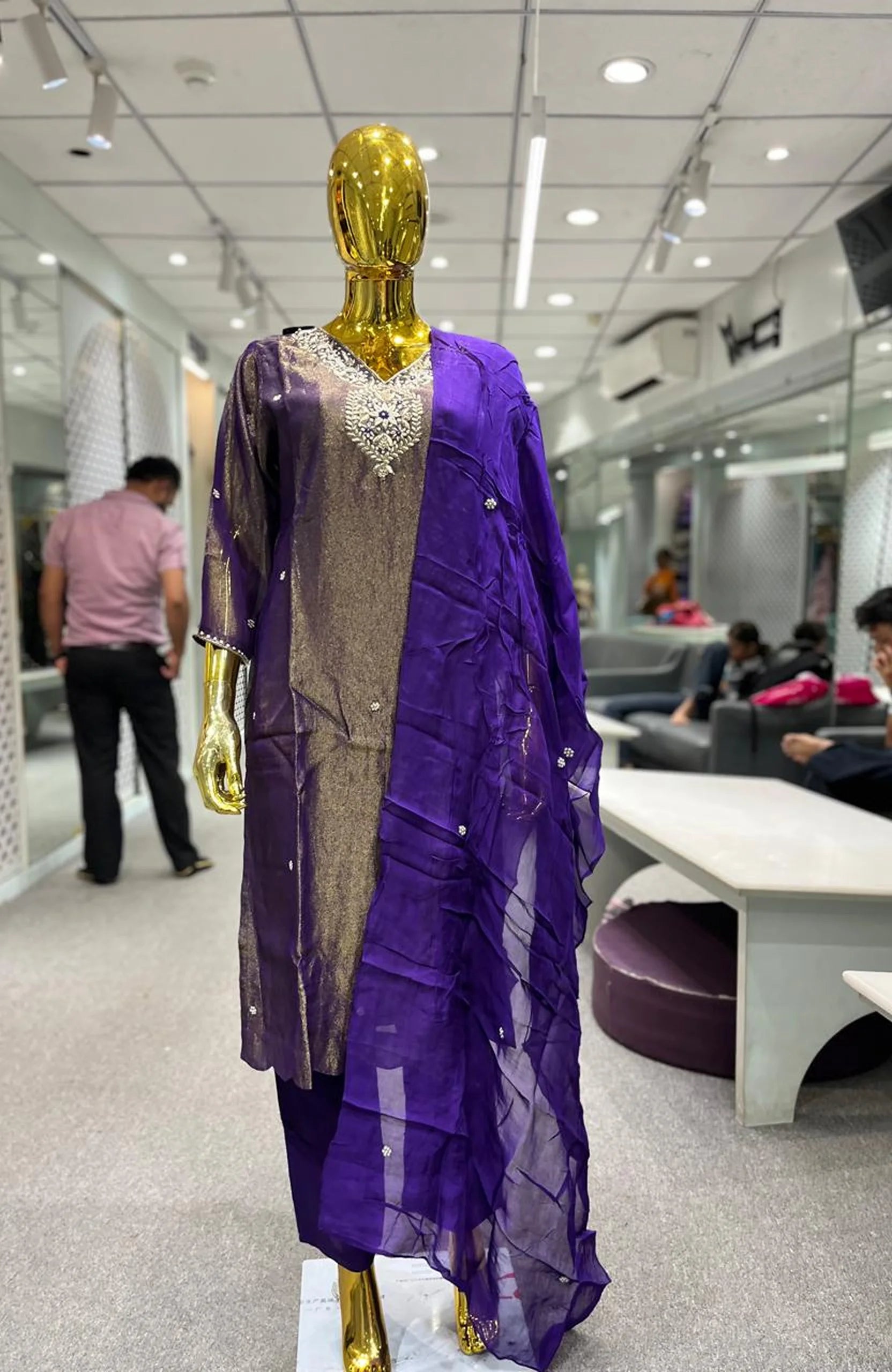 Purple Shimmer Silk Jardozi Handwork 3 Piece Kurti Pant Dupatta Set for Women | Designer Ethnic Wear