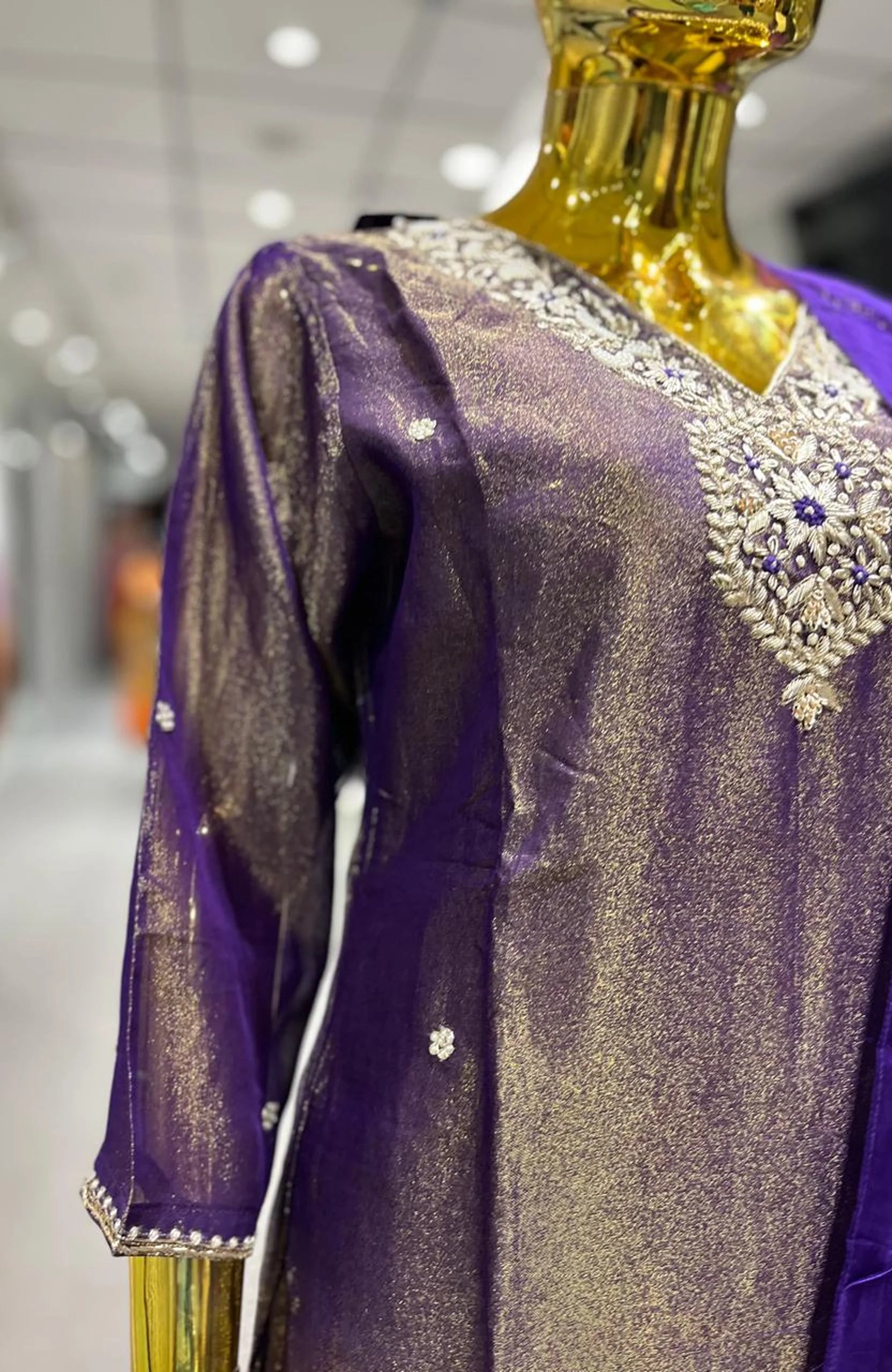 Purple Shimmer Silk Jardozi Handwork 3 Piece Kurti Pant Dupatta Set for Women | Designer Ethnic Wear