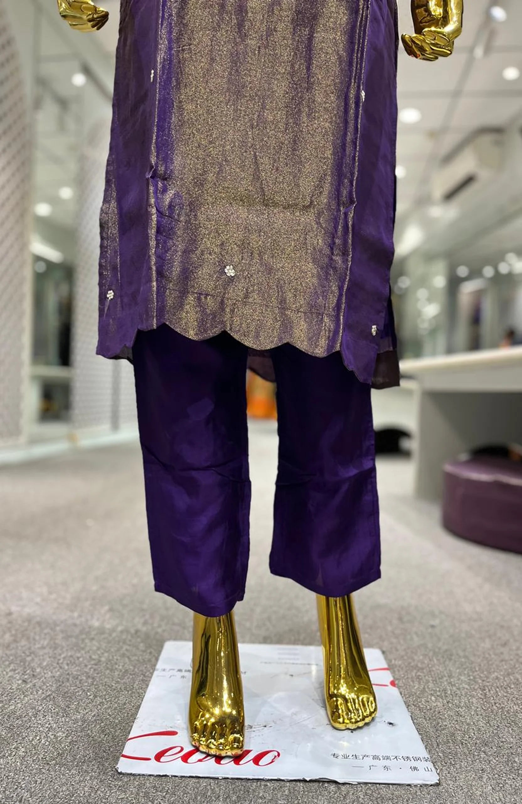 Purple Shimmer Silk Jardozi Handwork 3 Piece Kurti Pant Dupatta Set for Women | Designer Ethnic Wear