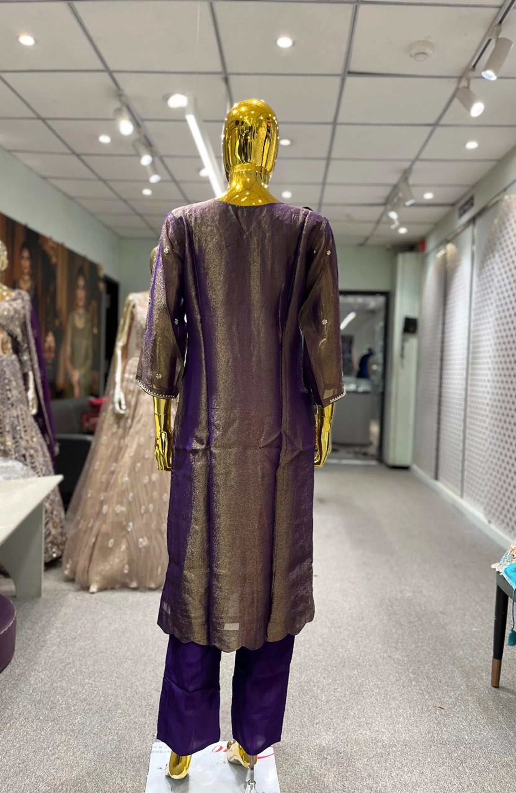 Purple Shimmer Silk Jardozi Handwork 3 Piece Kurti Pant Dupatta Set for Women | Designer Ethnic Wear