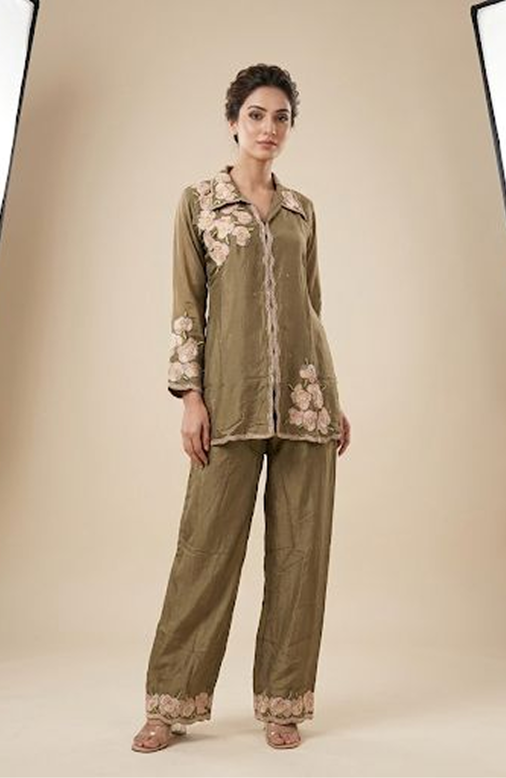 Olive Green Pure Chinon Hand Work Co-Ord Set for Women | Premium Designer Ethnic Cord Set