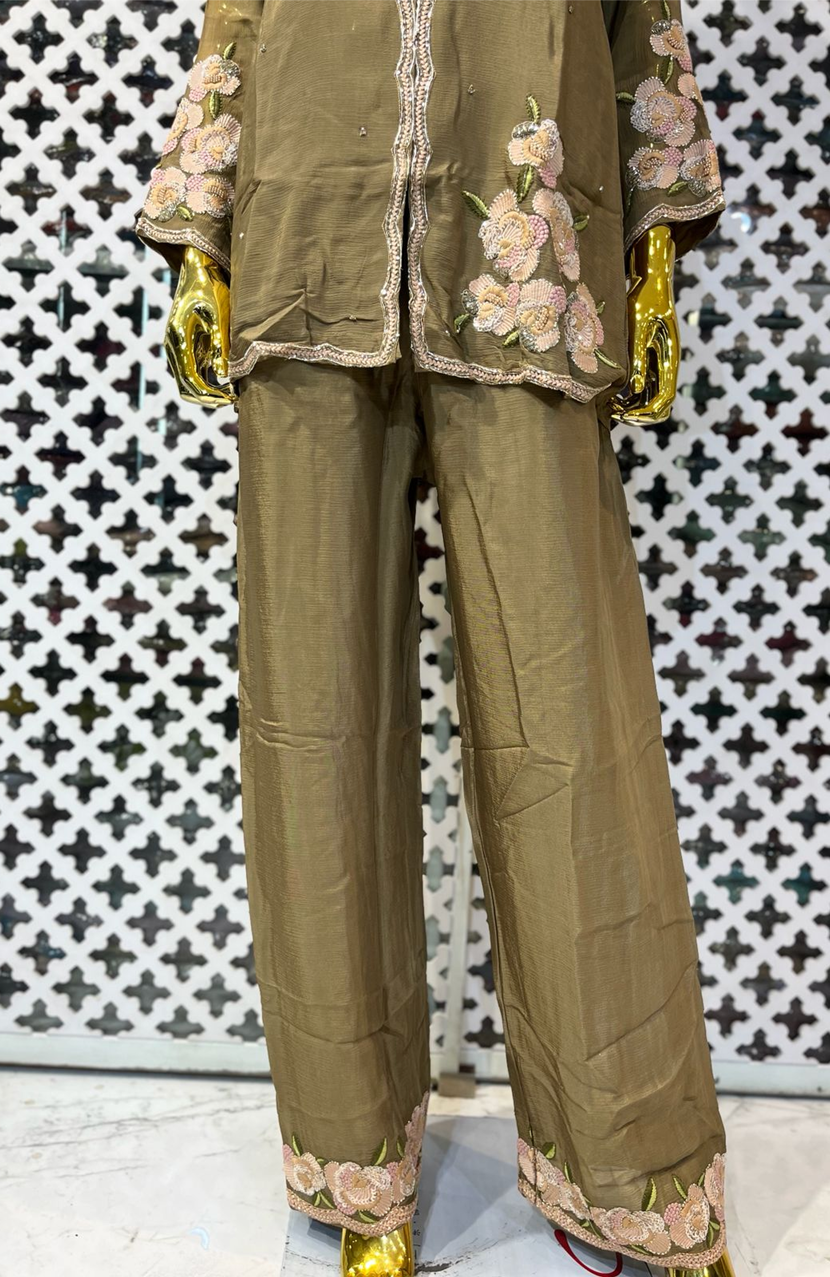 Olive Green Pure Chinon Hand Work Co-Ord Set for Women | Premium Designer Ethnic Cord Set