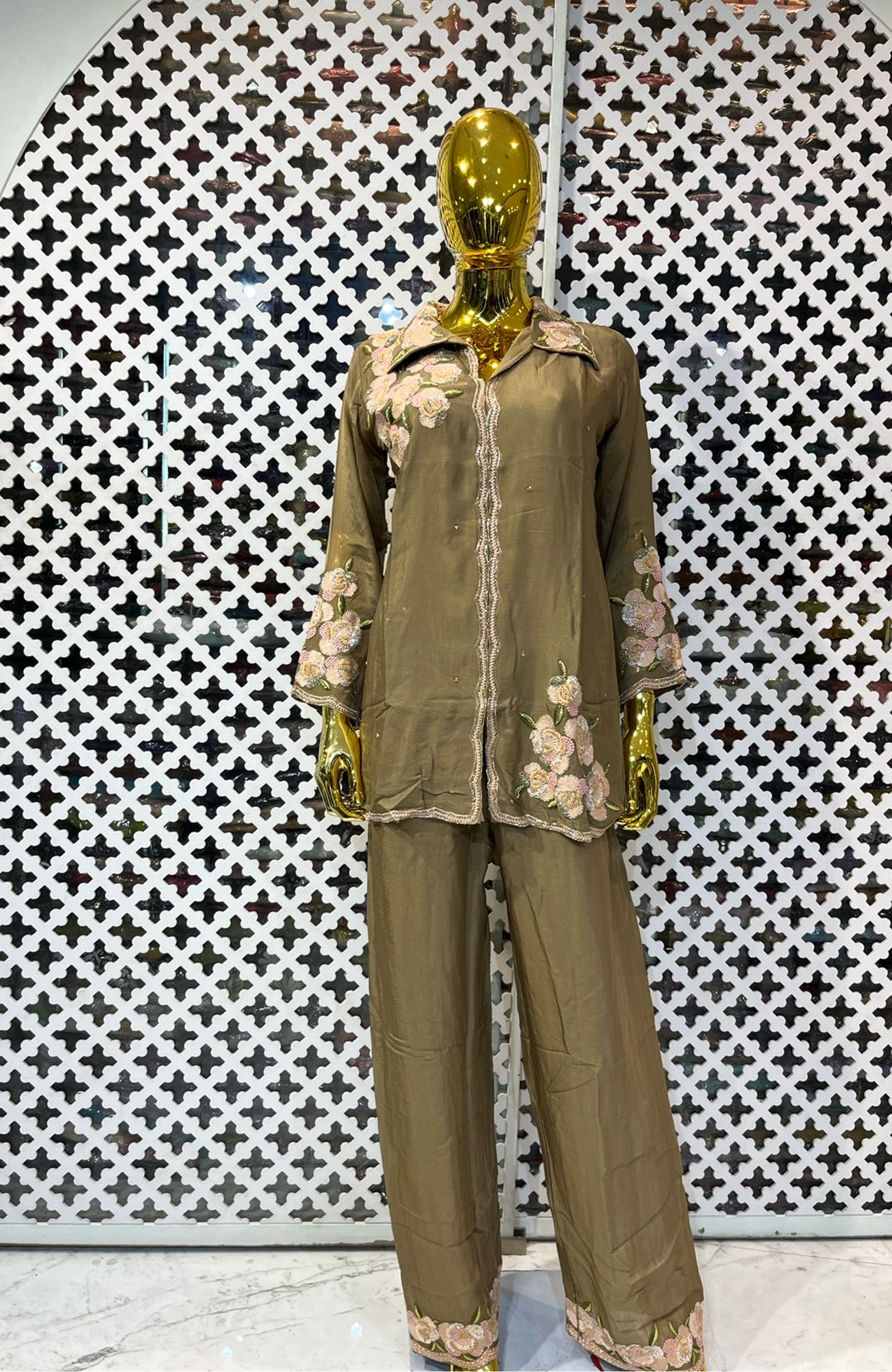 Olive Green Pure Chinon Hand Work Co-Ord Set for Women | Premium Designer Ethnic Cord Set