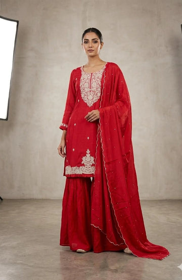 Red Pure Chinon Handwork & Embroidery 3 Piece Garara Set for Women | Designer Ethnic Wear
