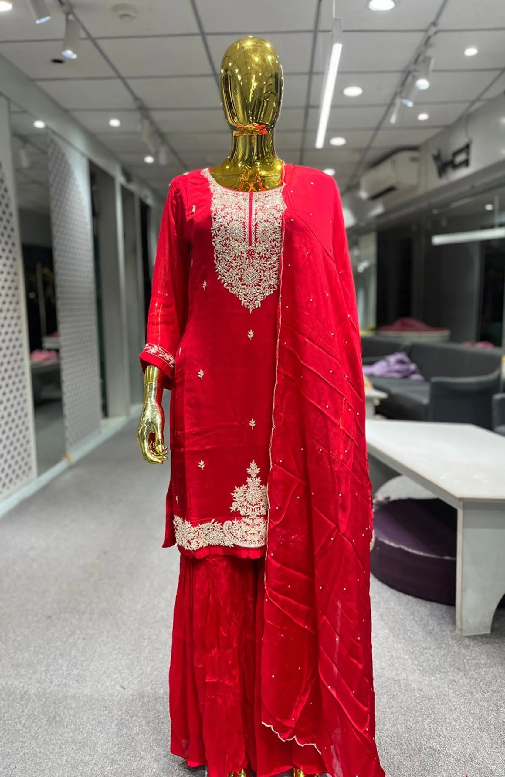 Red Pure Chinon Handwork & Embroidery 3 Piece Garara Set for Women | Designer Ethnic Wear