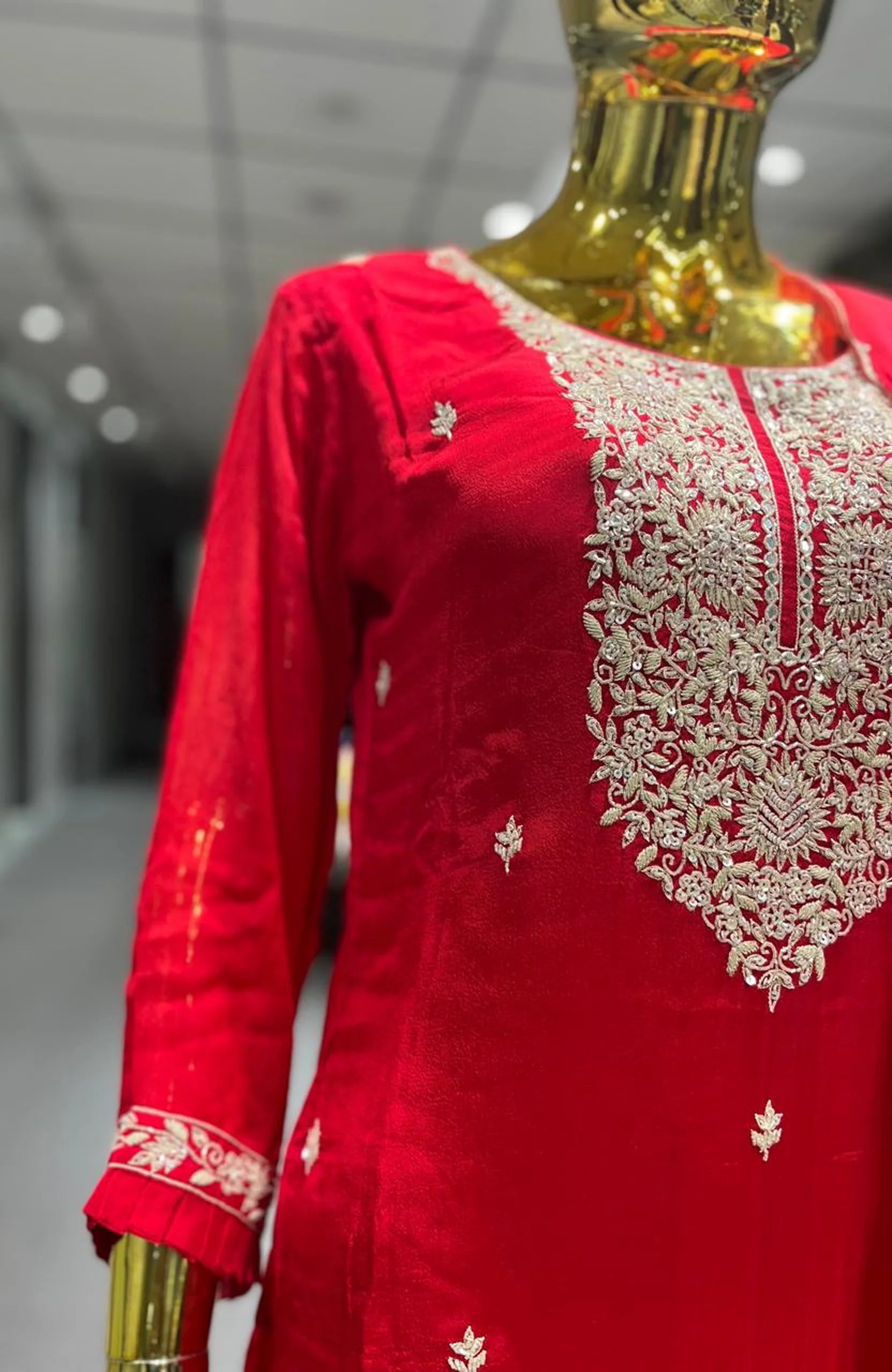 Red Pure Chinon Handwork & Embroidery 3 Piece Garara Set for Women | Designer Ethnic Wear