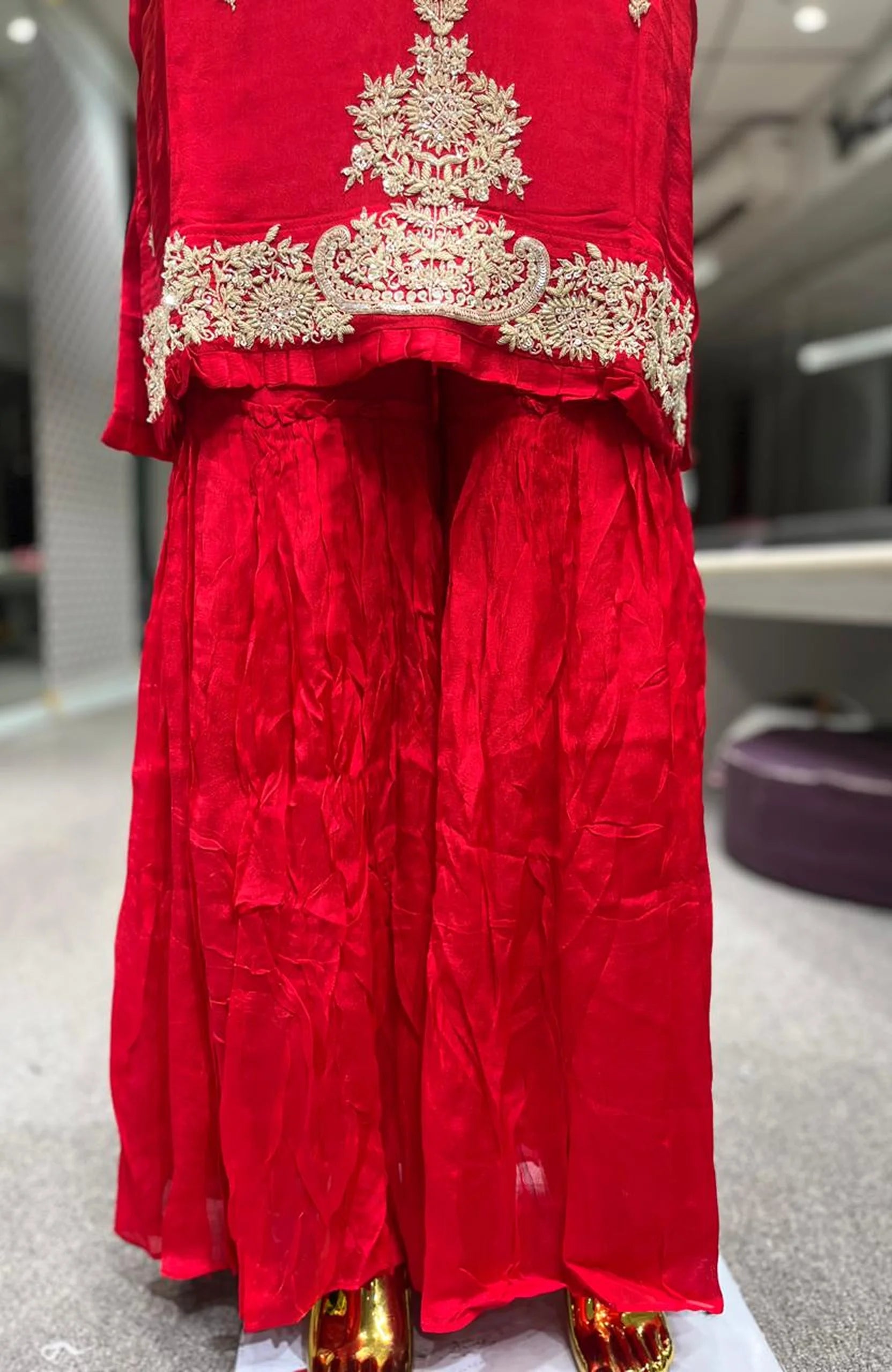 Red Pure Chinon Handwork & Embroidery 3 Piece Garara Set for Women | Designer Ethnic Wear