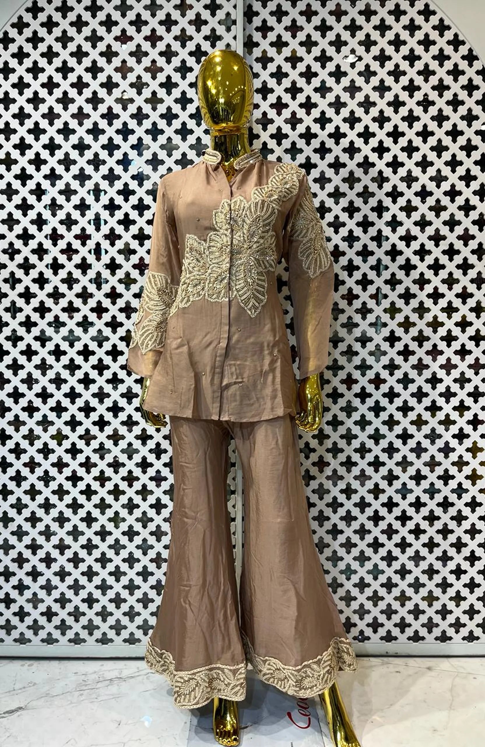 Dusty Brown Pure Chinon Embroidered Co-Ord Set for Women | Thread & Hand Work Designer 2 Piece Cord Set