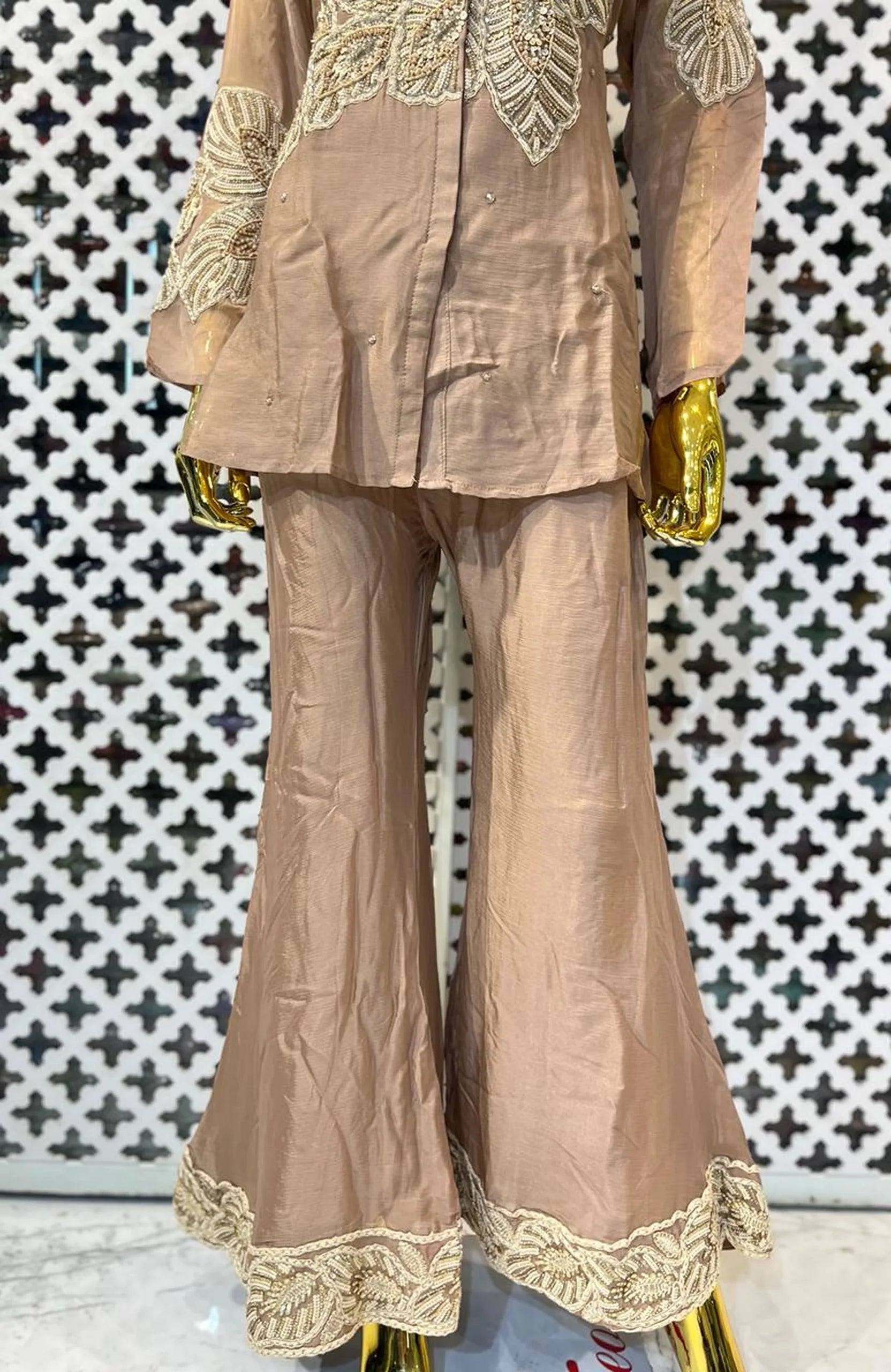 Dusty Brown Pure Chinon Embroidered Co-Ord Set for Women | Thread & Hand Work Designer 2 Piece Cord Set