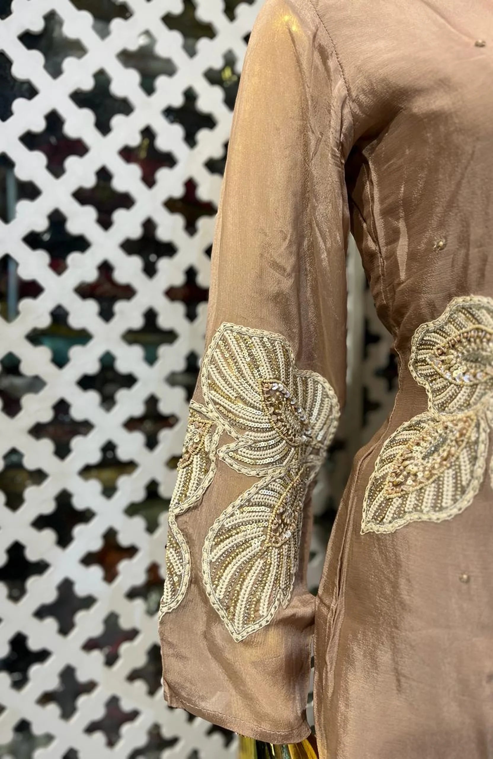 Dusty Brown Pure Chinon Embroidered Co-Ord Set for Women | Thread & Hand Work Designer 2 Piece Cord Set