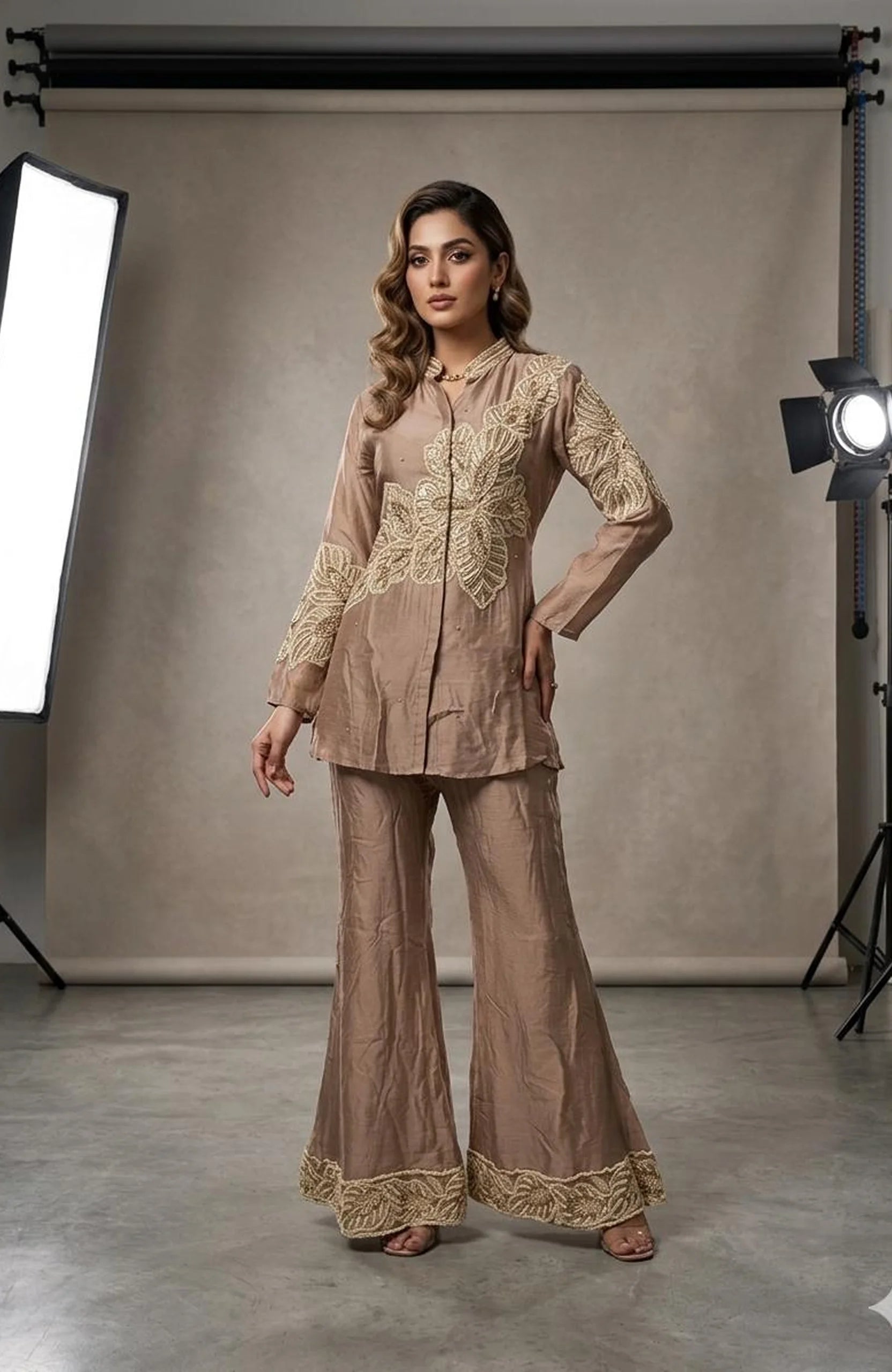 Dusty Brown Pure Chinon Embroidered Co-Ord Set for Women | Thread & Hand Work Designer 2 Piece Cord Set