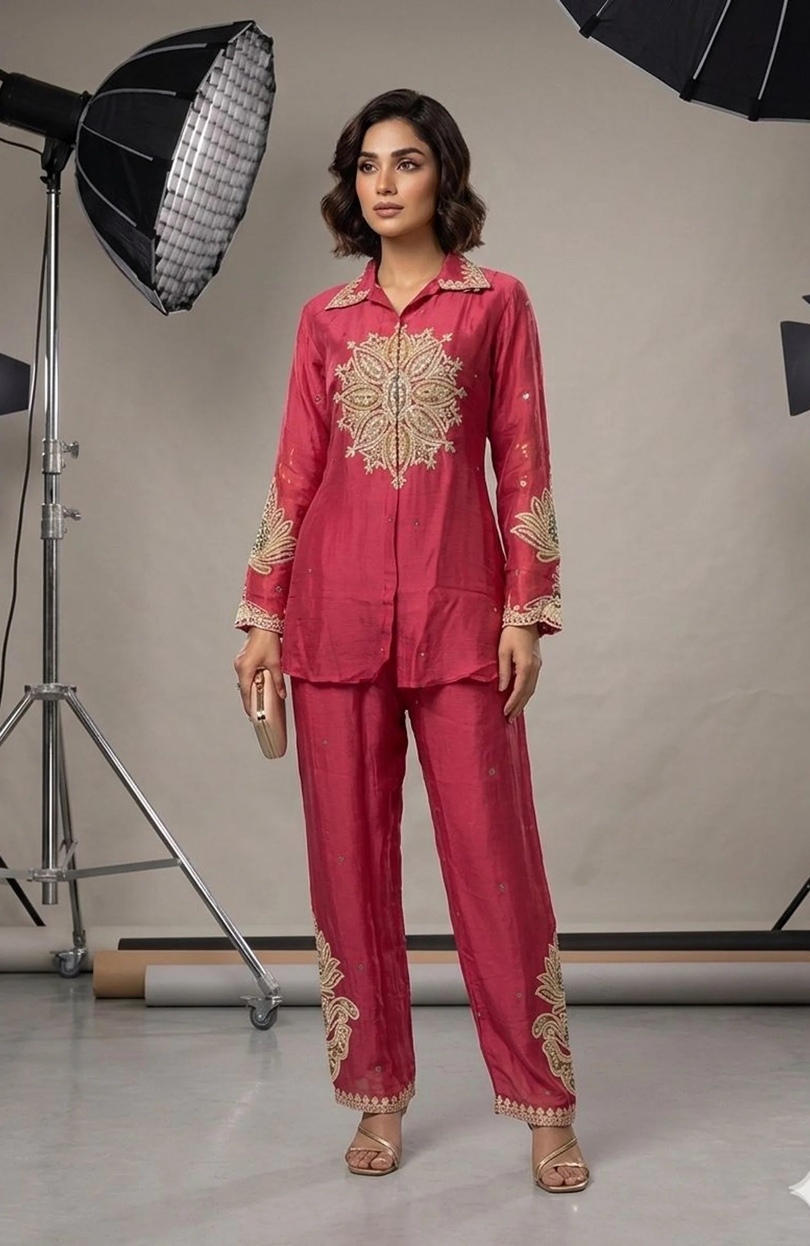 Rani Pure Chinon Lucknowi Embroidered Co-Ord Set for Women | Zari Work Ethnic 2 Piece Outfit