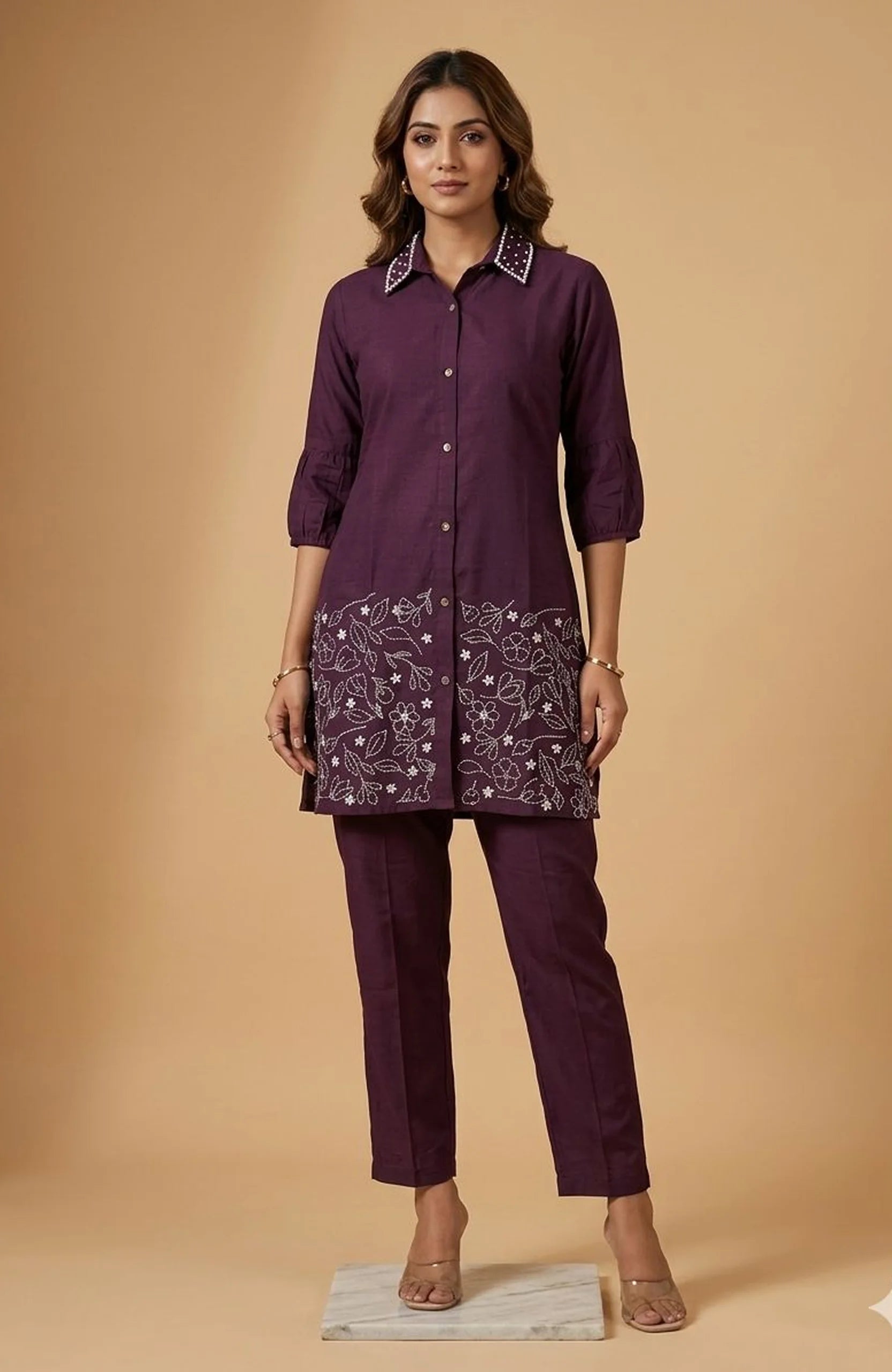 Pure Silk Thread Work Co-Ord Set for Women | Designer Shirt Style 2 Piece Cord Set