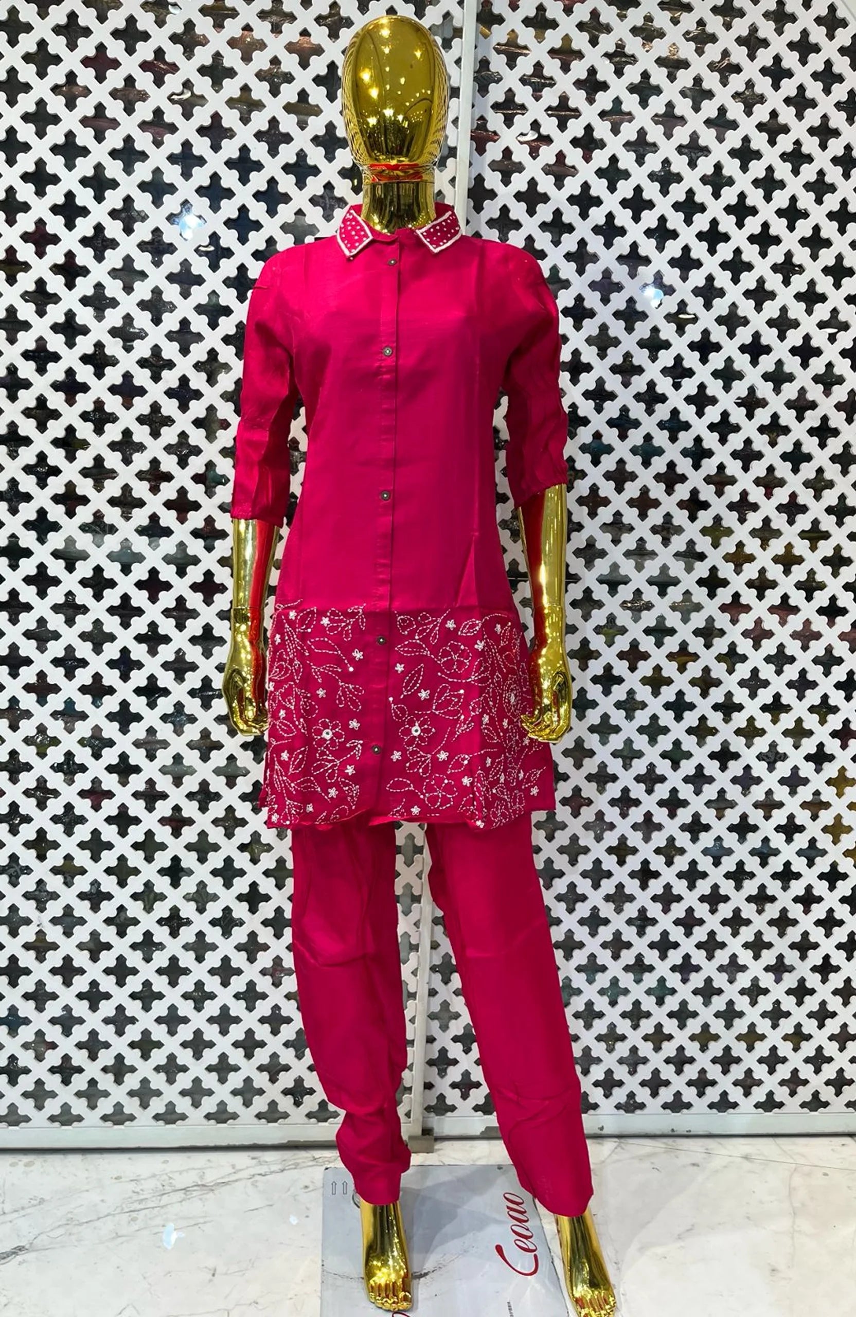 Pure Silk Thread Work Co-Ord Set for Women | Designer Shirt Style 2 Piece Cord Set