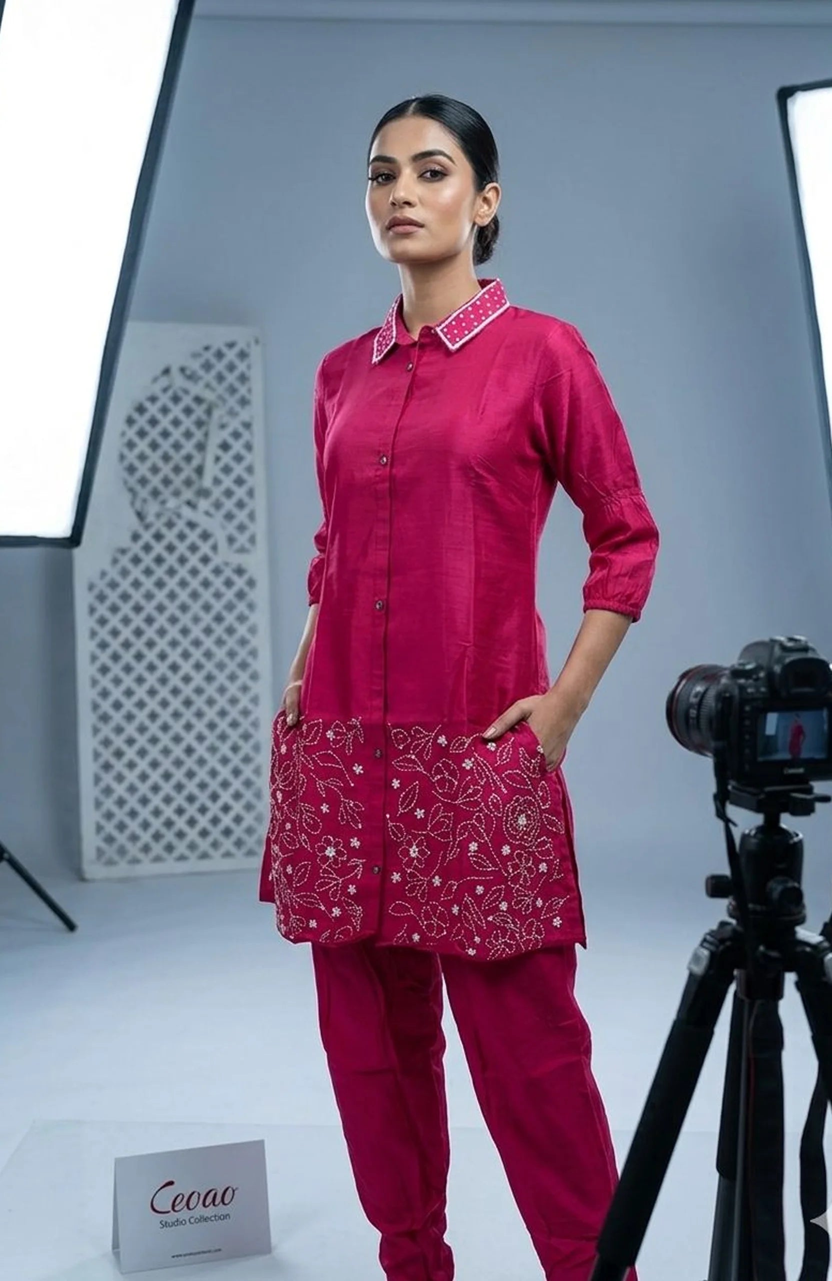 Pure Silk Thread Work Co-Ord Set for Women | Designer Shirt Style 2 Piece Cord Set