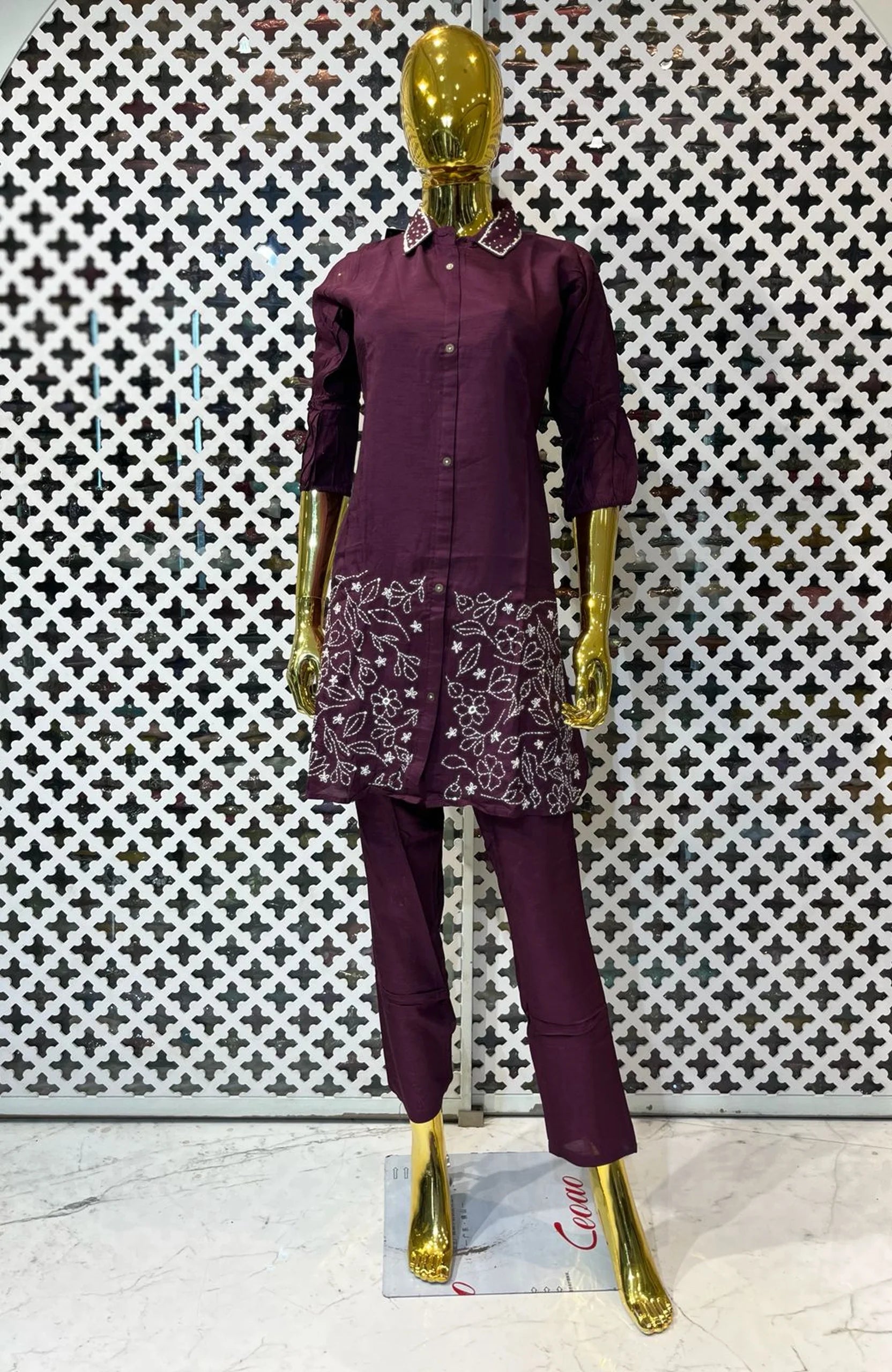 Pure Silk Thread Work Co-Ord Set for Women | Designer Shirt Style 2 Piece Cord Set