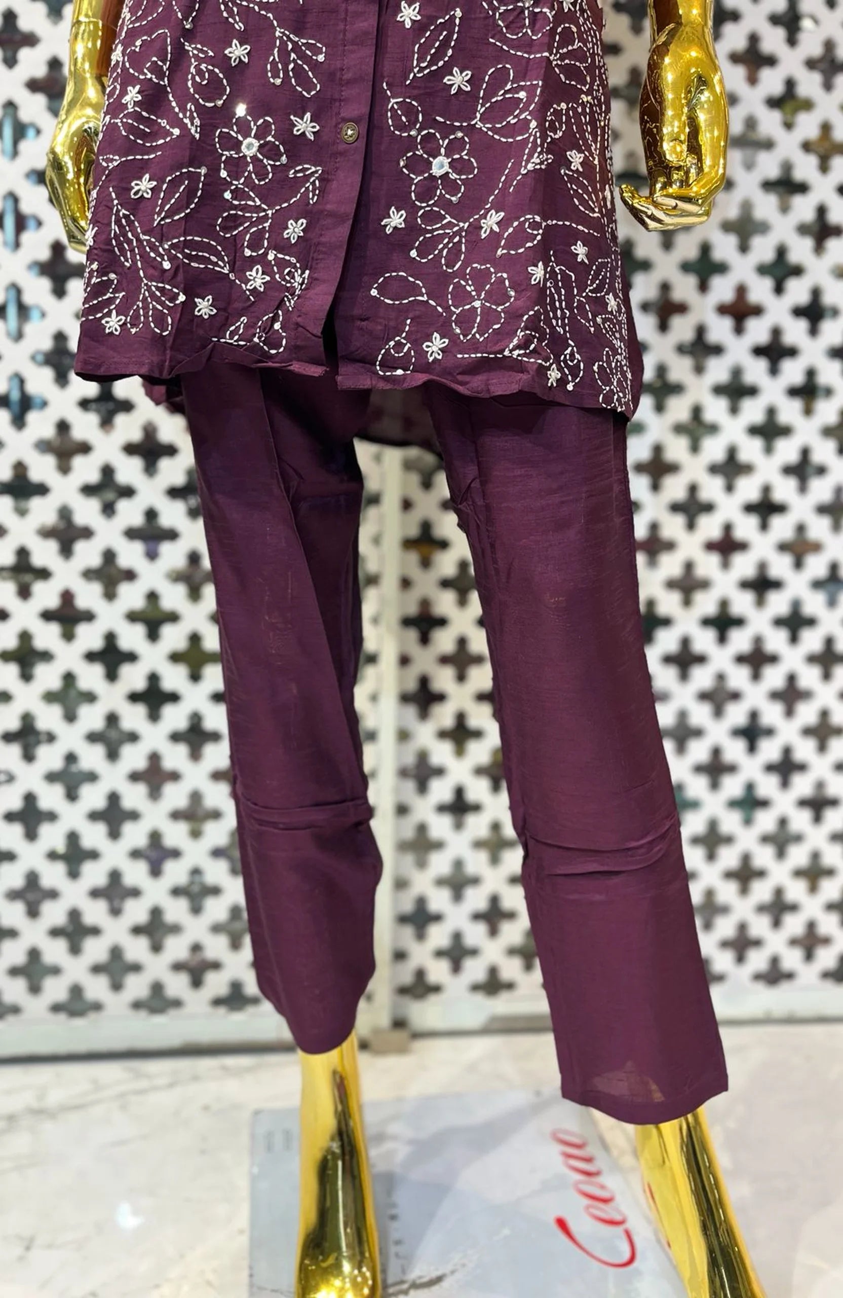 Pure Silk Thread Work Co-Ord Set for Women | Designer Shirt Style 2 Piece Cord Set