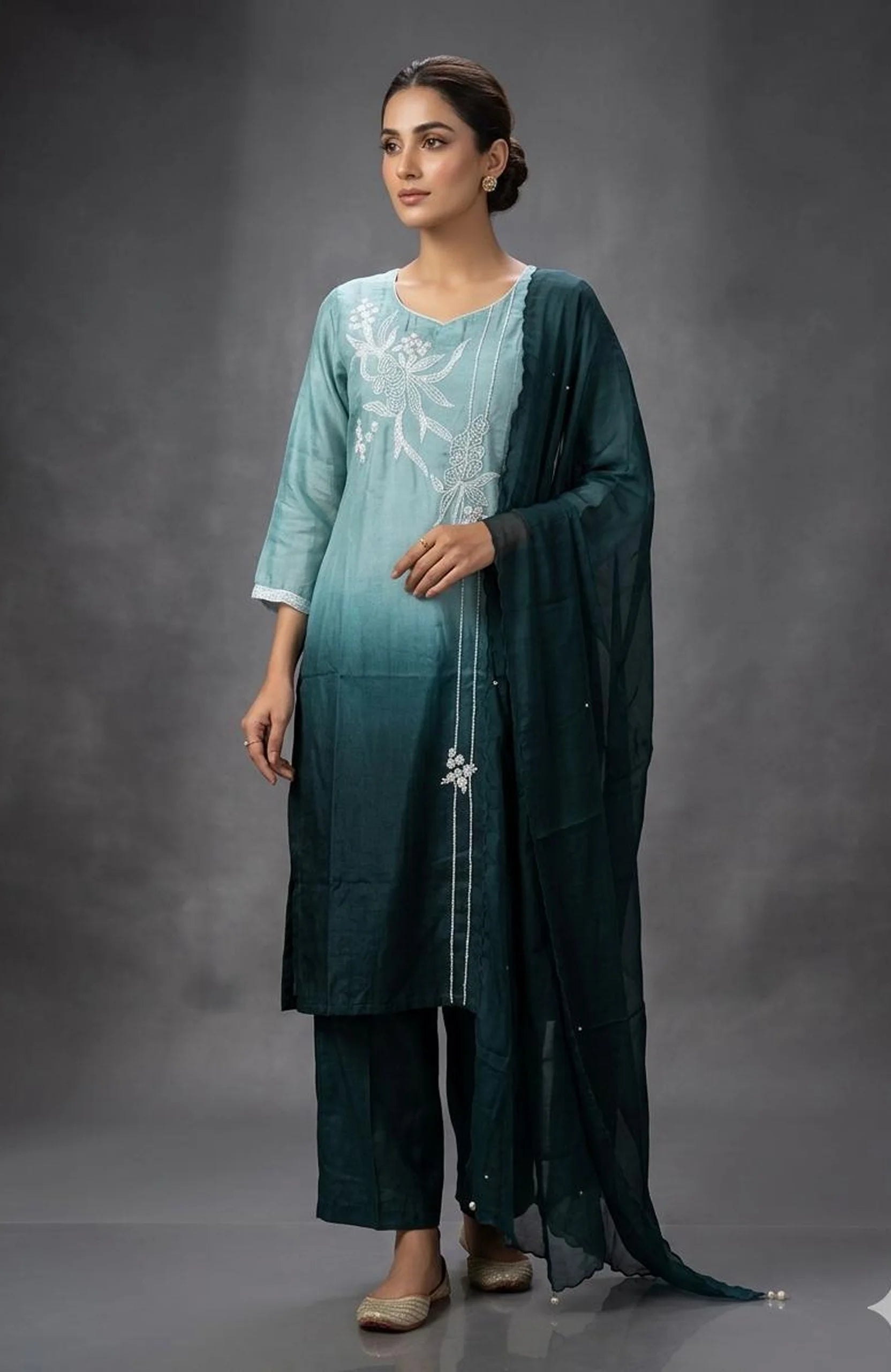 C Green Shaded Pure Silk Handwork 3 Piece Kurti Pant Dupatta Set for Women | Designer Ethnic Wear
