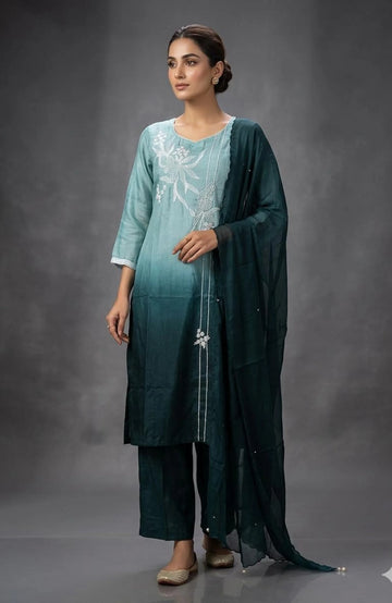 C Green Shaded Pure Silk Handwork 3 Piece Kurti Pant Dupatta Set for Women | Designer Ethnic Wear