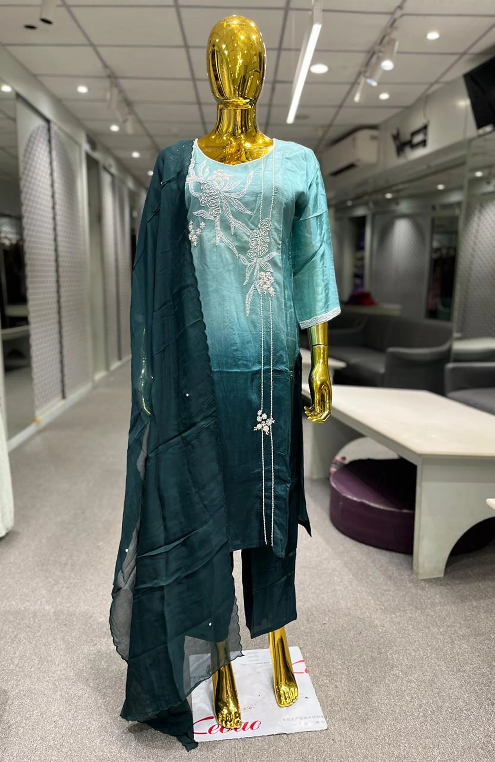 C Green Shaded Pure Silk Handwork 3 Piece Kurti Pant Dupatta Set for Women | Designer Ethnic Wear