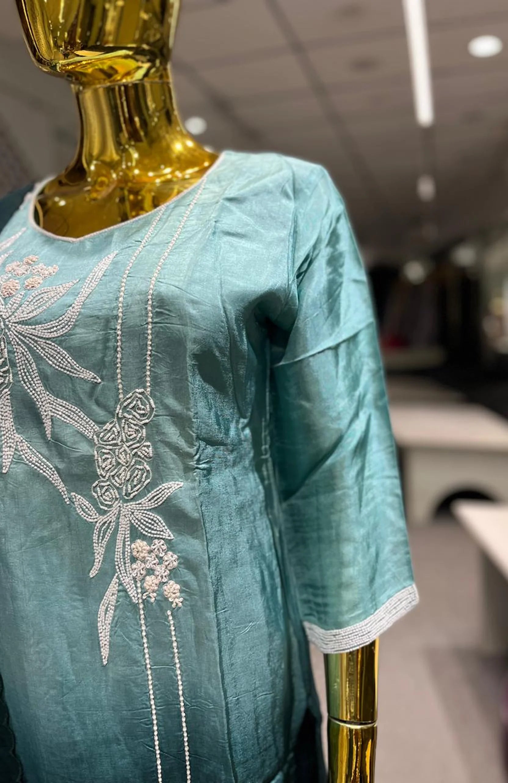 C Green Shaded Pure Silk Handwork 3 Piece Kurti Pant Dupatta Set for Women | Designer Ethnic Wear